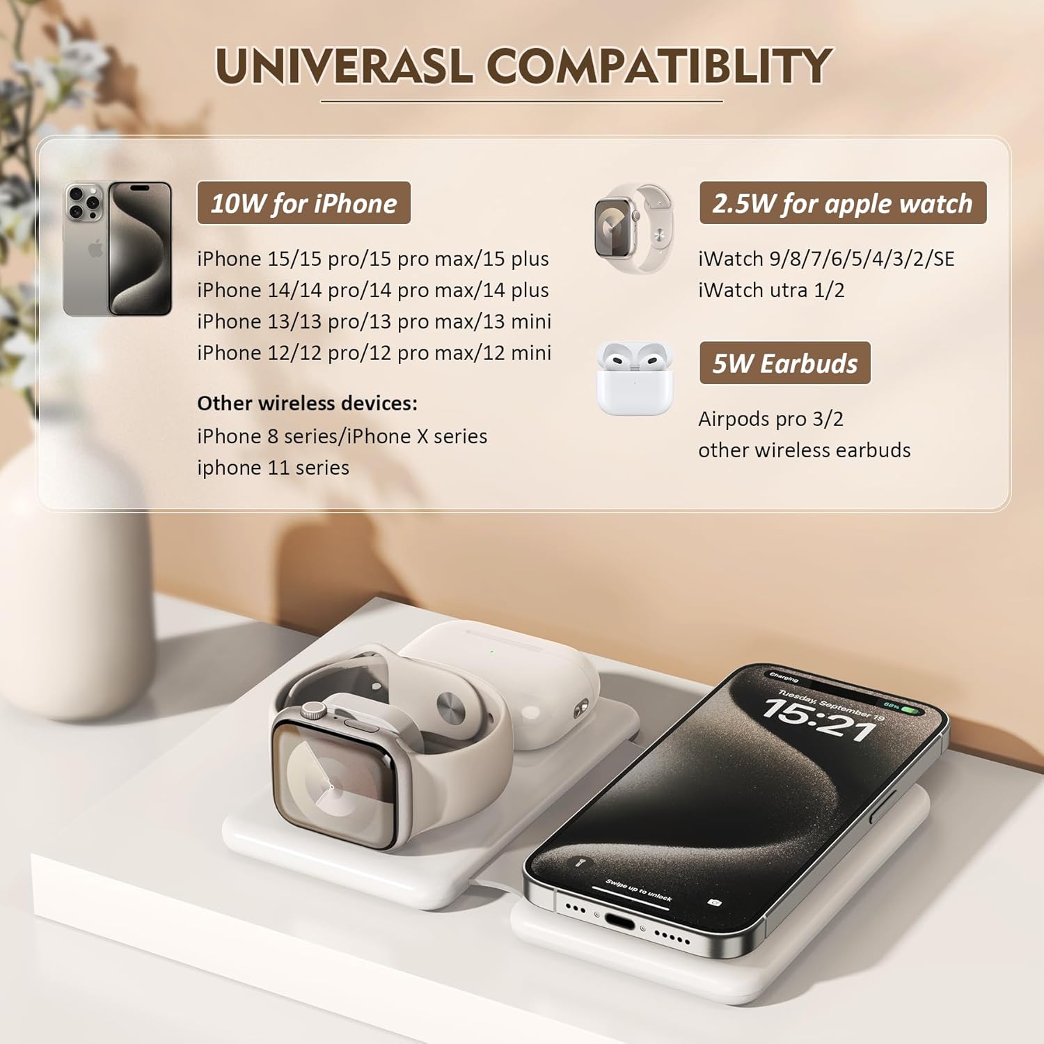 Cargador inalámbrico magnético para iPhone estación de carga de viaje 3 en 1 para dispositivos Apple para iPhone 15 14 13 12 Pro Max Plus –
