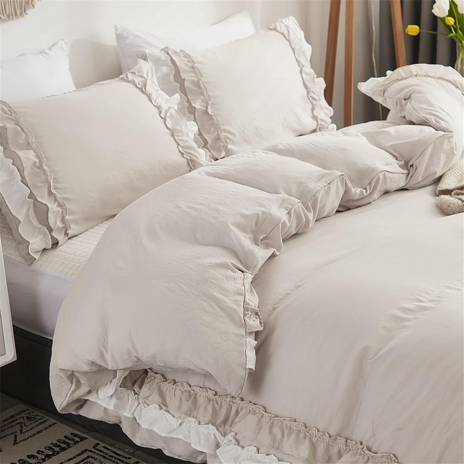 ABREEZE Juego de funda de edredón de microfibra lavada tamaño Queen, 3 piezas, ropa de cama vintage con volantes, estilo granja, 1 funda de edredón