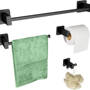 Toalleros para baño, juego de 4 piezas de accesorios de baño negro mate SUS304 de acero inoxidable montado en la pared, incluye toallero individual Toalleros para baño, juego de 4 piezas de accesorios de baño negro mate SUS304 de acero inoxidable montado en la pared, incluye toallero individual