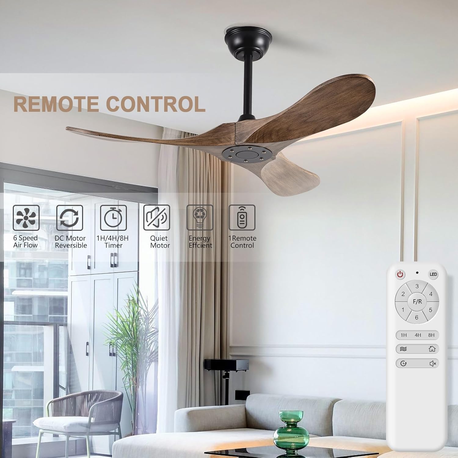FISHMIX Ventiladores de techo pequeños de 42 pulgadas sin luces, ventilador de techo de madera maciza sin luz con control remoto, inteligente y