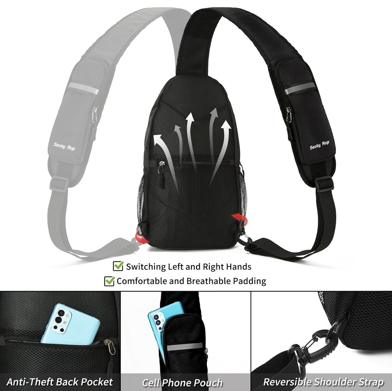 Seoky Rop Mochila tipo bandolera para hombres y mujeres, resistente al agua, bolsa cruzada para senderismo y viajes, Negro -, Mochilas Sling