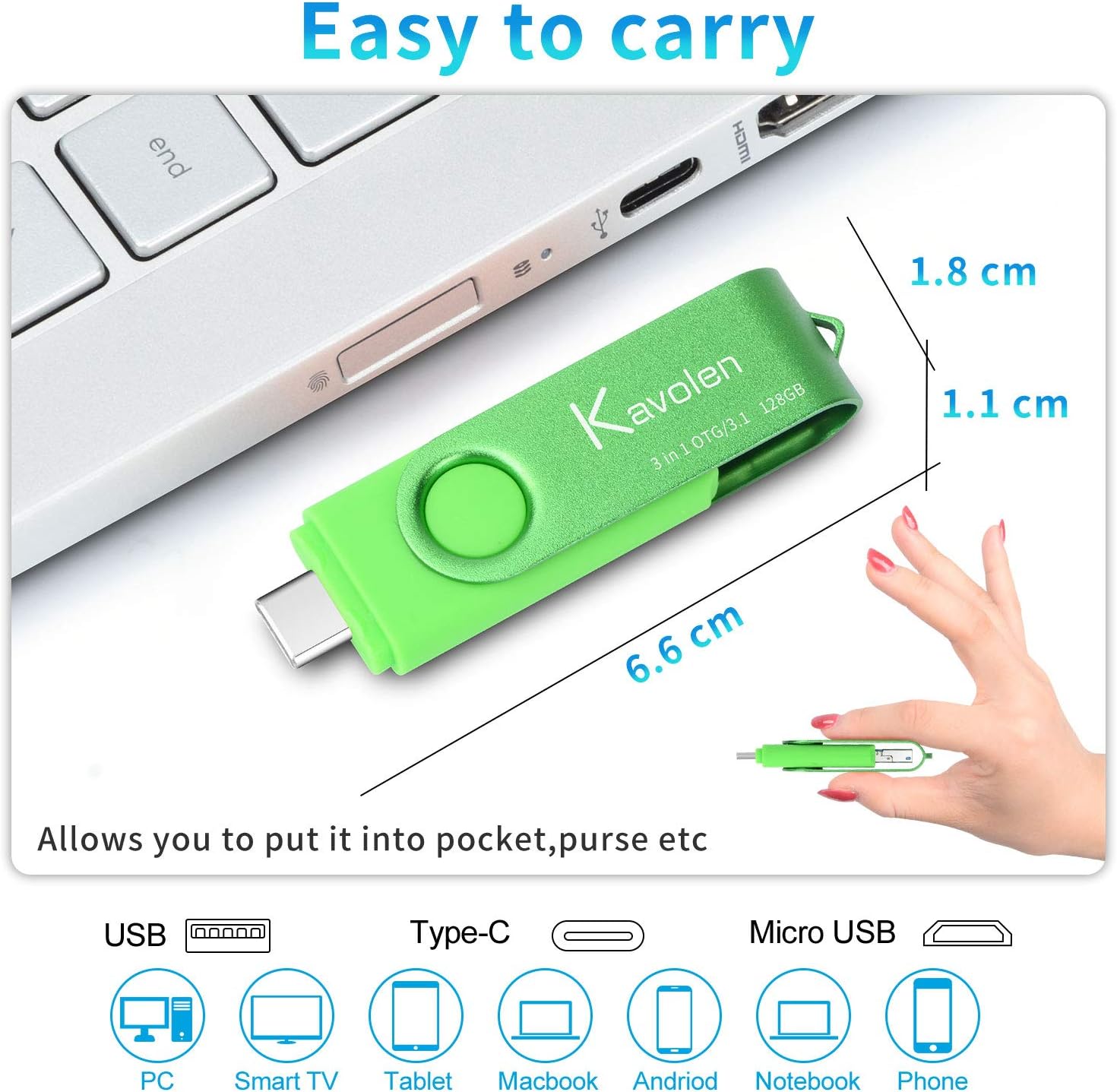 Kavolen – Memoria flash de alta velocidad 3 en 1 de 256 GB para PCportátilteléfonos Android. Memoria de fotos para Samsung Galaxy, LG, Google Pixel,