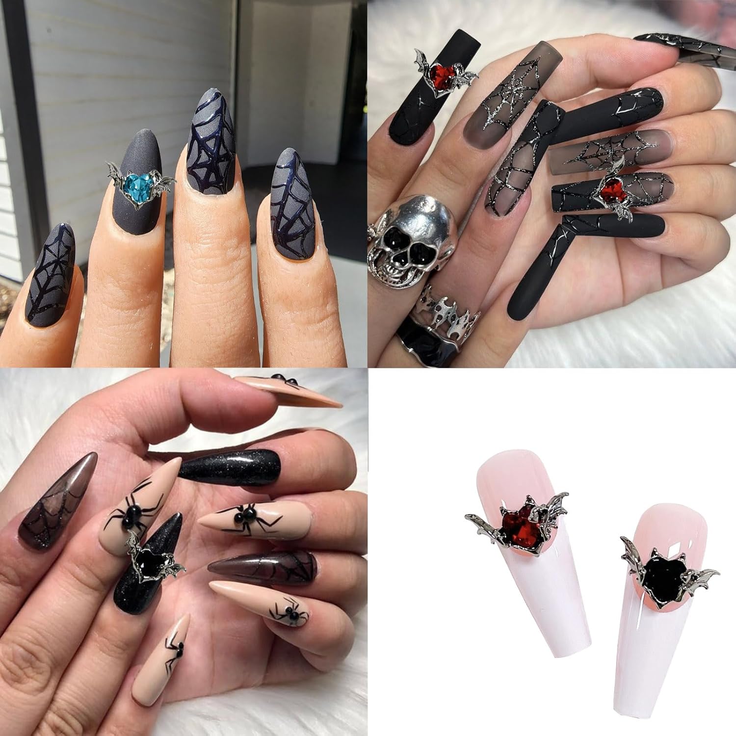 24 dijes de uñas de Halloween de aleación 3D, diamantes de imitación de cristal, suministros de arte de uñas, gemas de diseño de corazón de