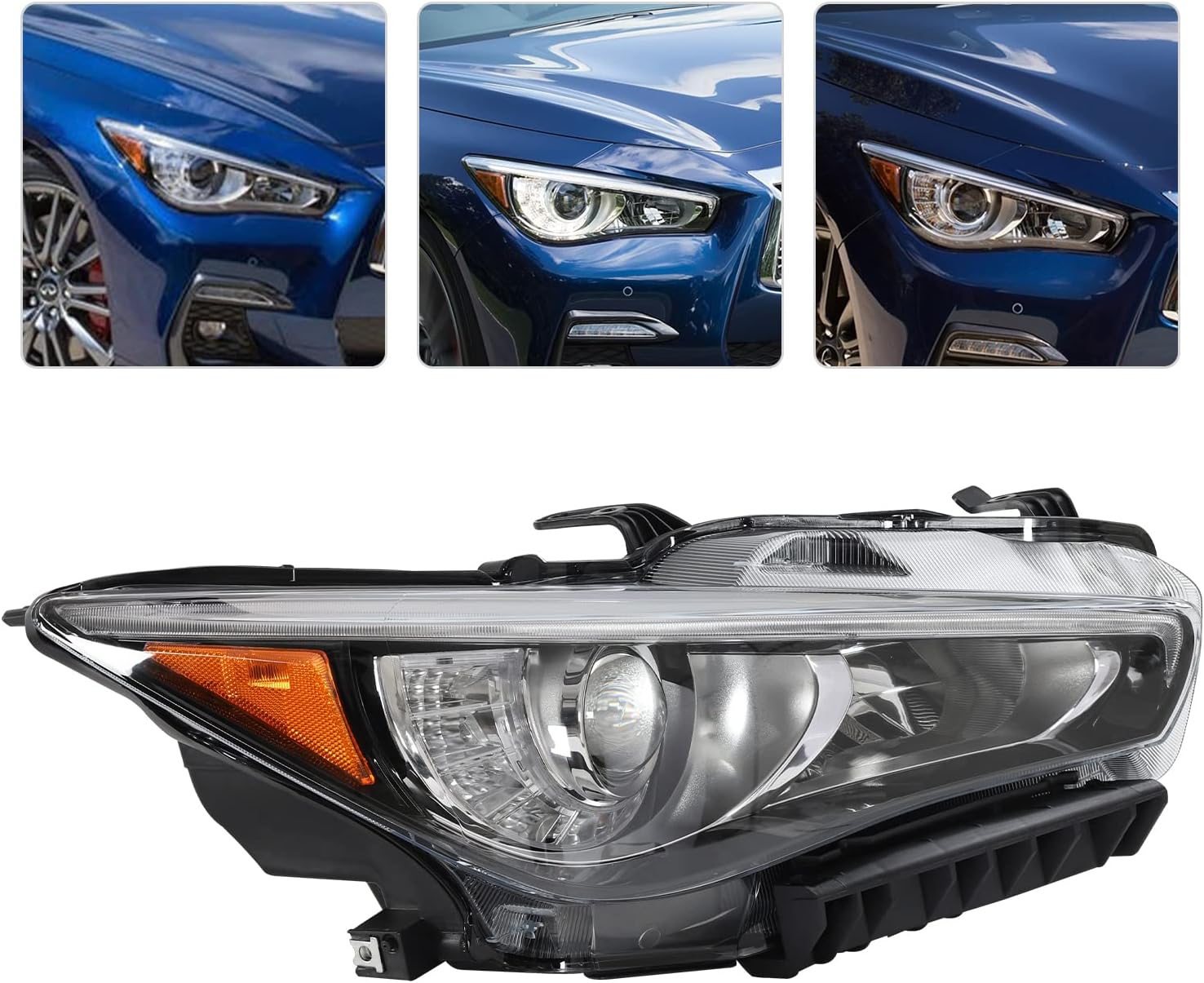CNCEST Proyector LED DRL Faro Faro de repuesto Lado derecho – Ajuste directo  Carcasa negra Lente transparente – Para Infiniti Q50 2014-2017 – Lado