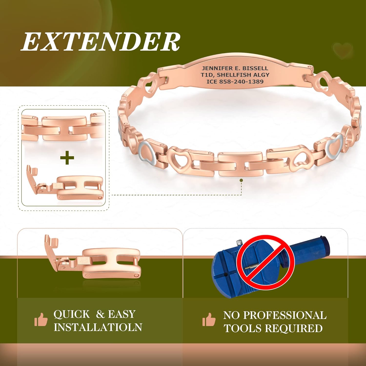 Divoti Pulseras de alerta médica con eslabones de corazón de 2 tonos para mujer con extensor