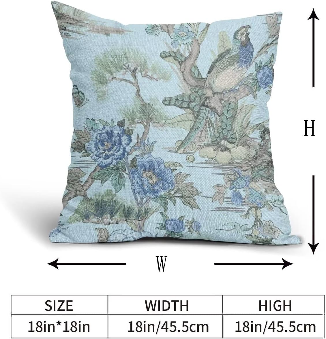 Juego de 2 fundas de almohada de 18 x 18 pulgadas con diseño de flores azules y pájaros, fundas de almohada decorativas de lino con acuarela