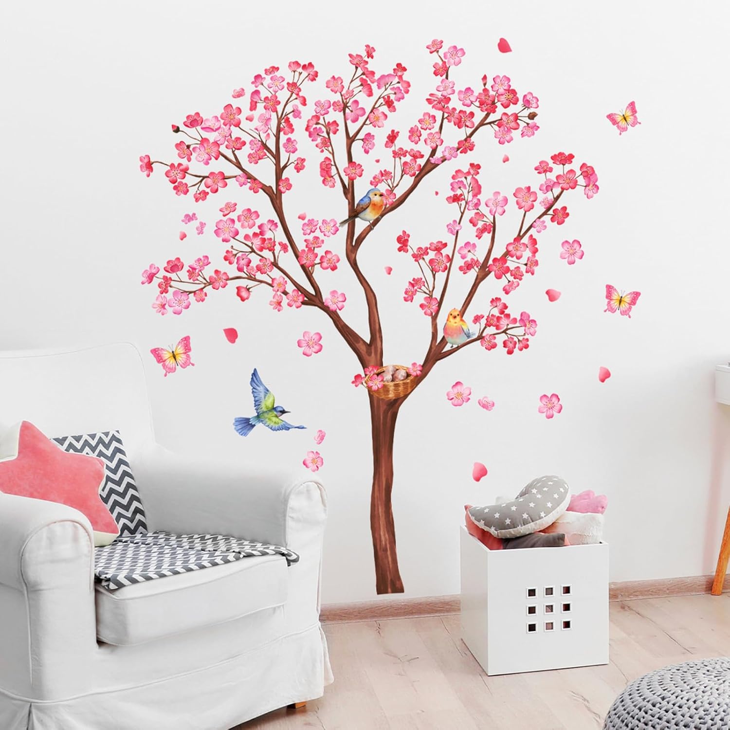 Calcomanías de pared de árbol de flores rosadas, calcomanías de pared de pájaros en ramas, decoración de pared de flores rosas para dormitorio, sala