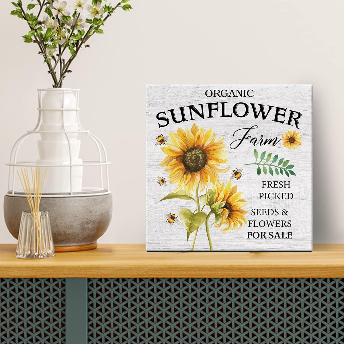 Lienzo impreso con diseño de girasol campestre para pared, letrero de escritorio, letrero de girasol orgánico, cita de granja, póster enmarcado de 8