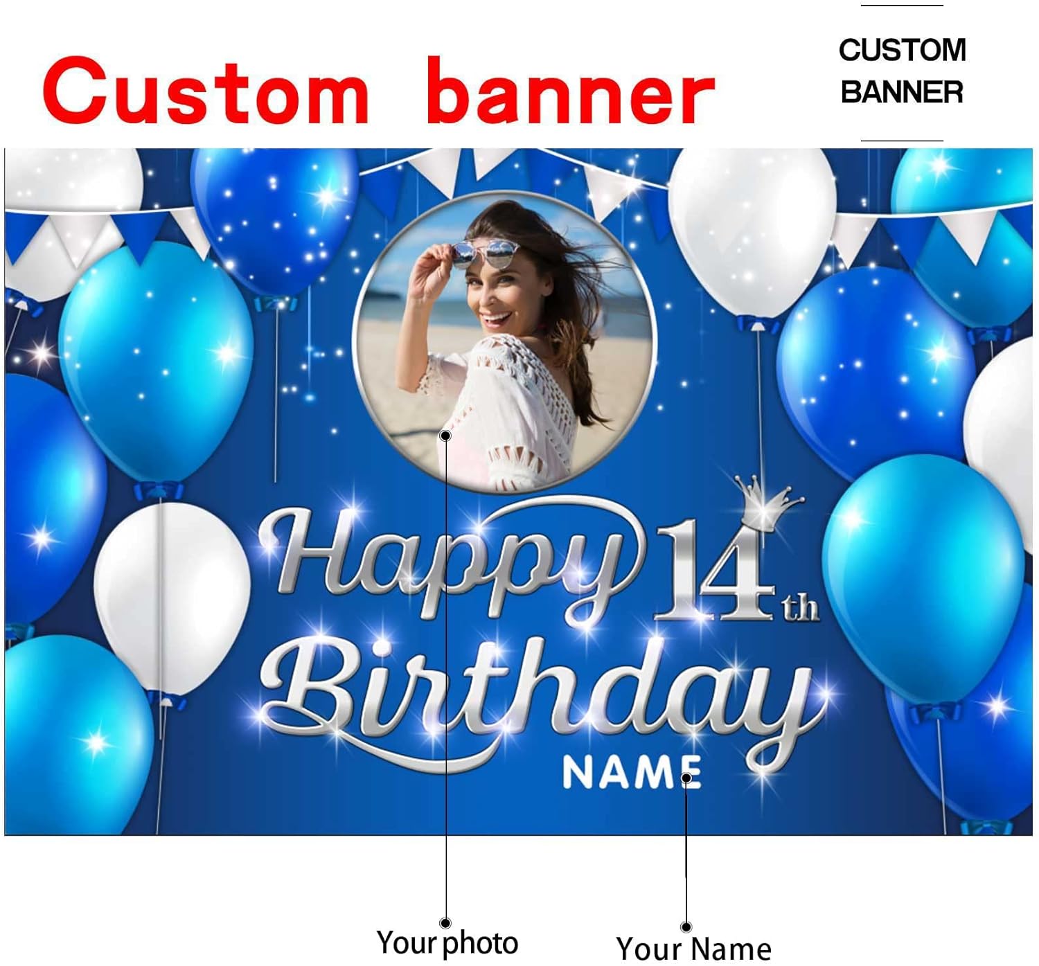 Cartel decorativo de feliz cumpleaños número 14, azul marino, personalizado con fotos y nombres
