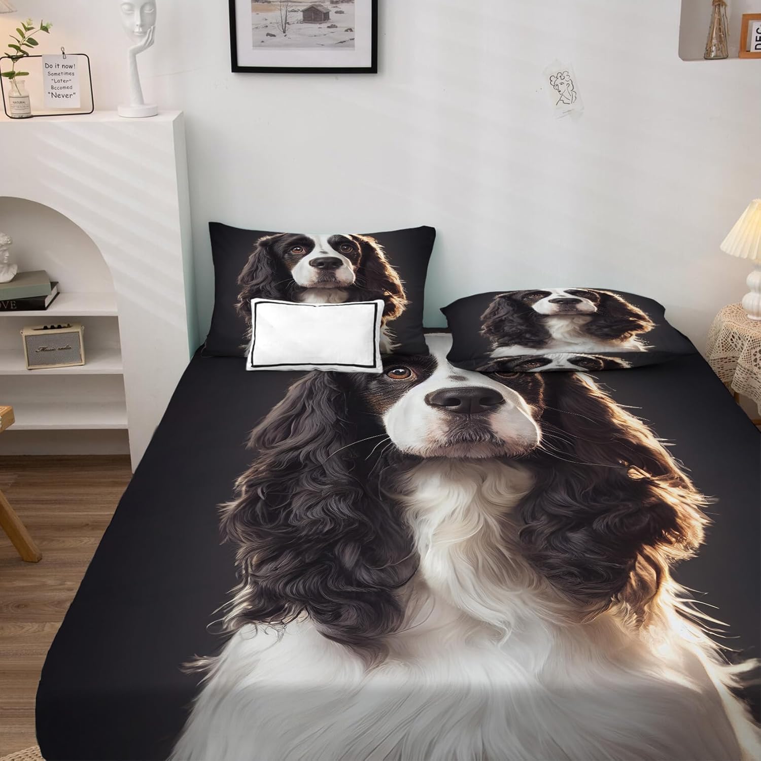Cavalier King Charles Spaniel – Juego de sábanas para perro, sábanas y fundas de almohada estampadas de 4 piezas, sábana bajera ajustable de