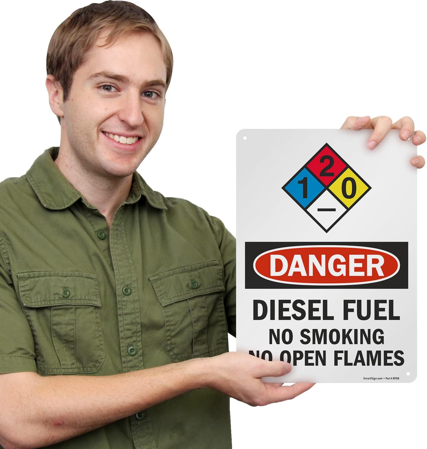 Señales de seguridad SmartSign. Mensajes “Danger Diesel Fuel No Smoking No Open Flames”, letras negras o rojas sobre fondo blanco., 1