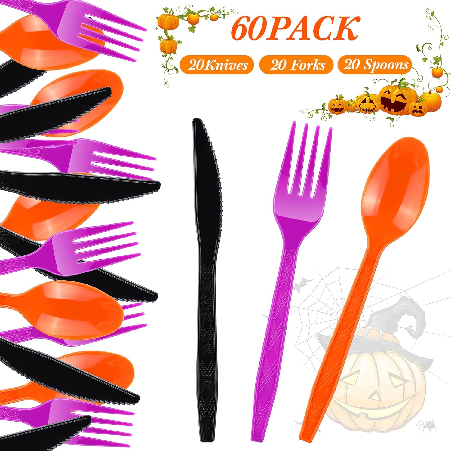 Juego de 60 cubiertos de plástico para Halloween, tenedores, cucharas, cuchillos, utensilios de colores negro, naranja, morado, vajilla desechable