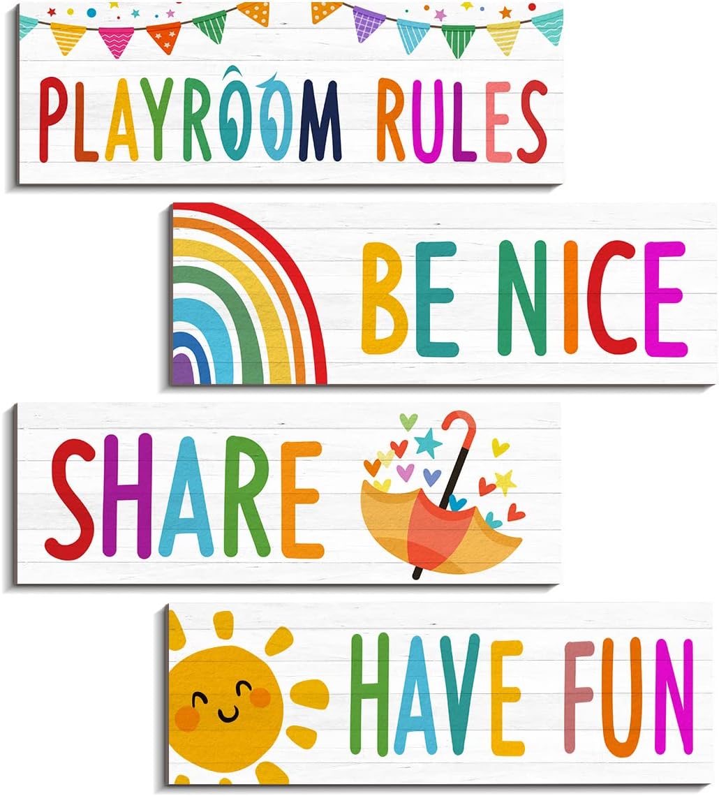 4 letreros para sala de juegos para niños, decoración de pared para sala de juegos, reglas de juegos, citas, letrero con texto en inglés “Be Nice