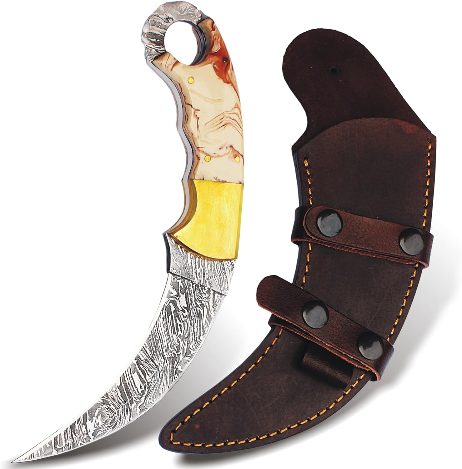 Cuchillo de caza de acero de Damasco con funda, hecho a mano, 9 pulgadas, cuchillo de hoja fija EDC para hombres y mujeres, cuchillo de