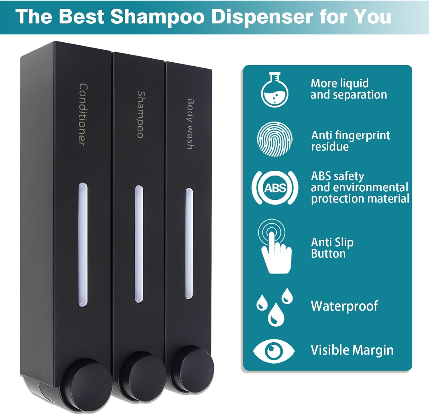 Dispensador de ducha de montaje en pared, 3 cámaras x420ml dispensadores de champú y jabón, sin taladro, dispensador y organizador para inodoro,