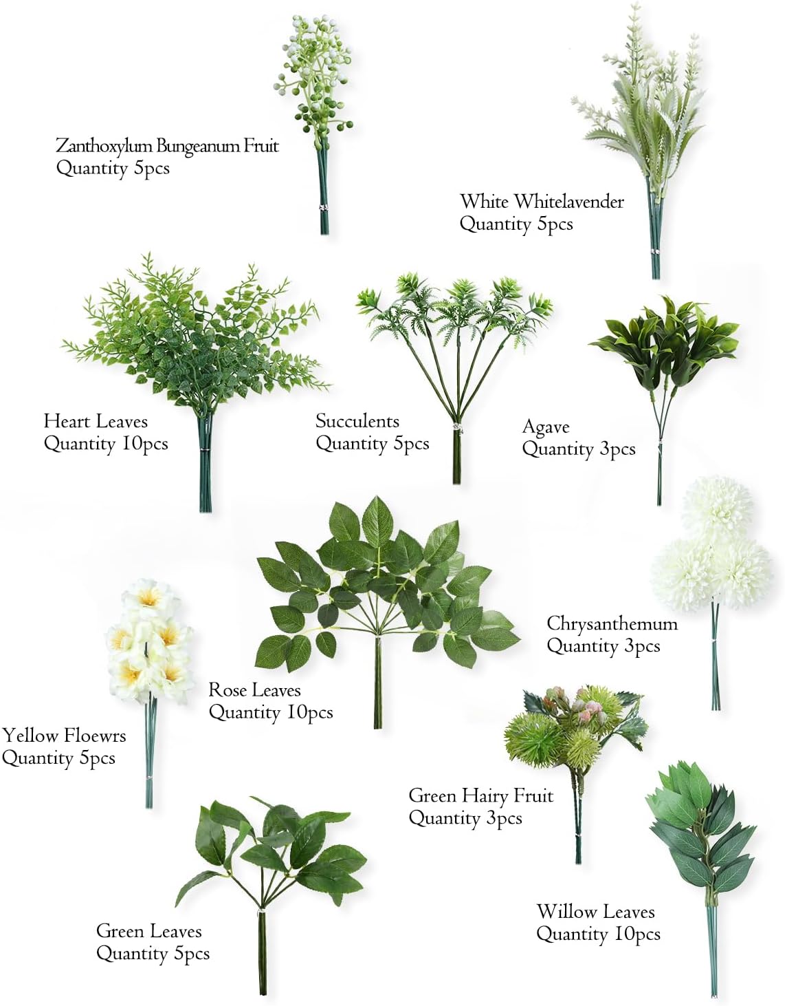 FEYUSM Flores artificiales artificiales con 11 tipos, vegetación sintética para ramo de boda, vegetación para centros de mesa, centros de mesa y