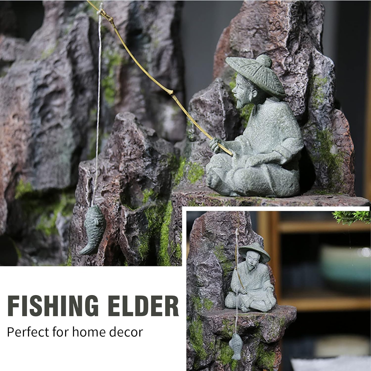 Zreneyfex 2 mini figuras de piedra arenisca de pescador sentado pescador estatua de lodo para pecera y micro paisaje decoración de jardín