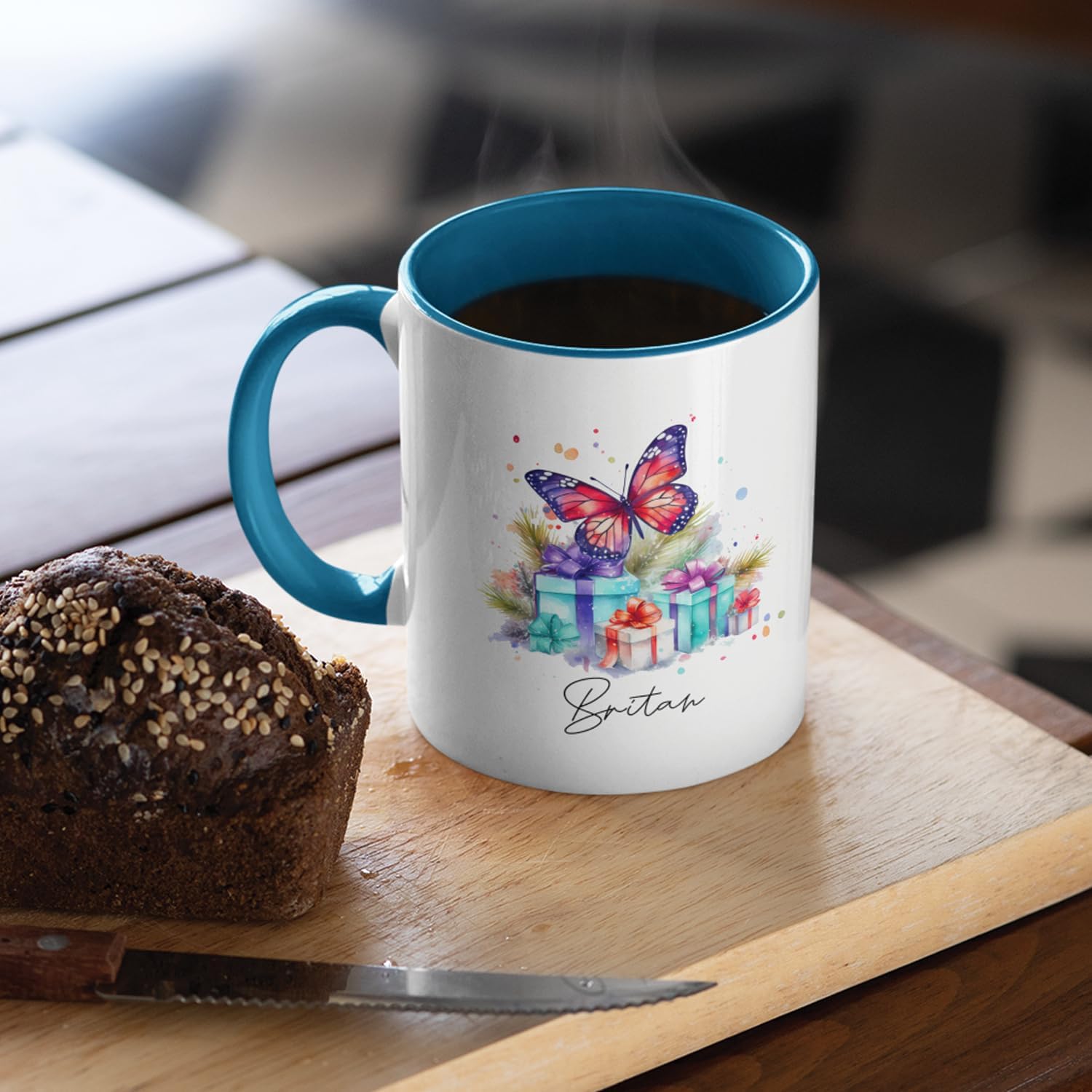 Tazas de cerámica blanca personalizadas, diseño de mariposa con cajas de regalo coloridas, taza de café con nombre personalizado, taza de té de