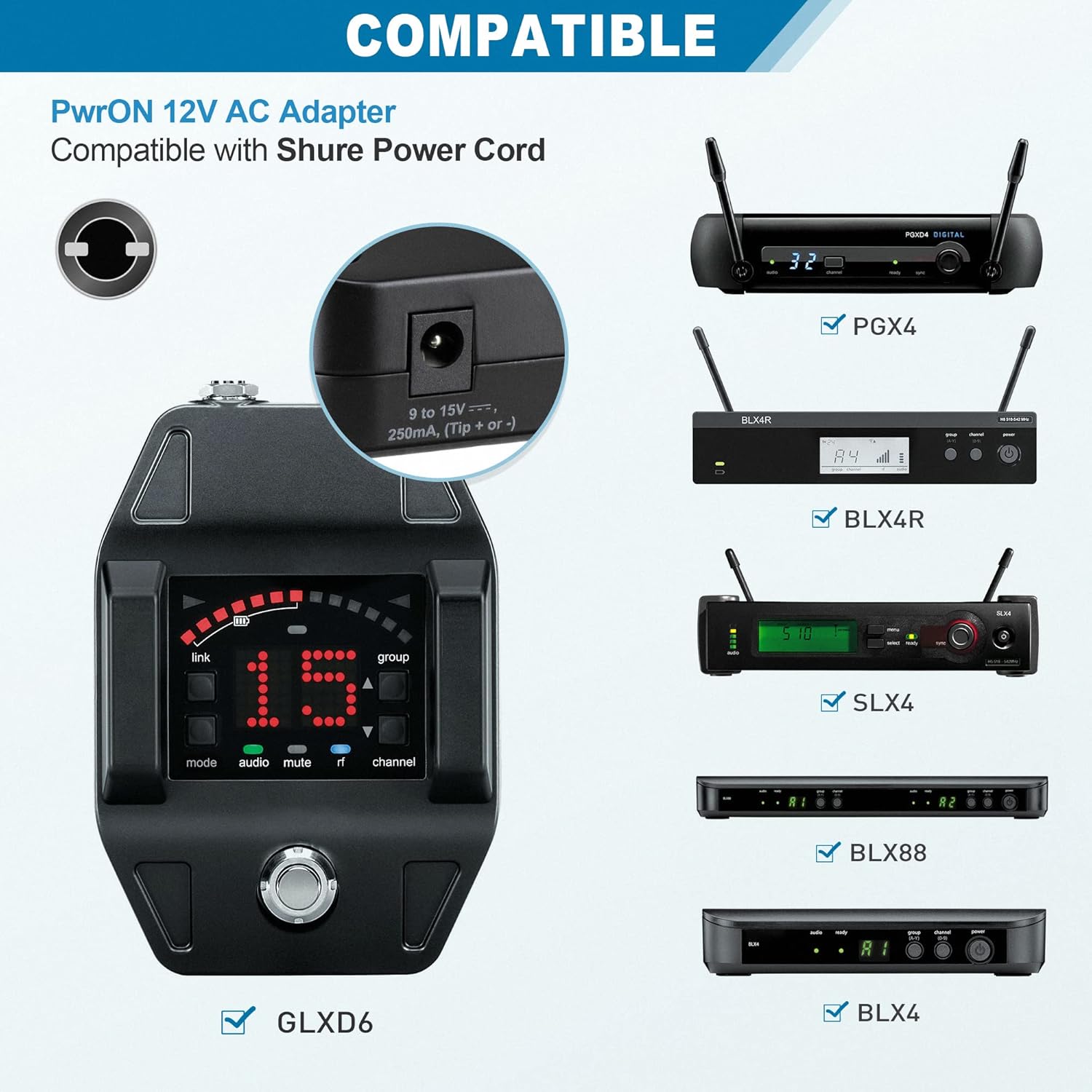 PwrON Adaptador de CA compatible de 12 V para Shure SLX4 PGX4 BLX4 BLX88 BLX4R GLXD6 UABiasT PG4 PGX4 PGXD4 SLX4L P2T FP33 Receptores inalámbricos