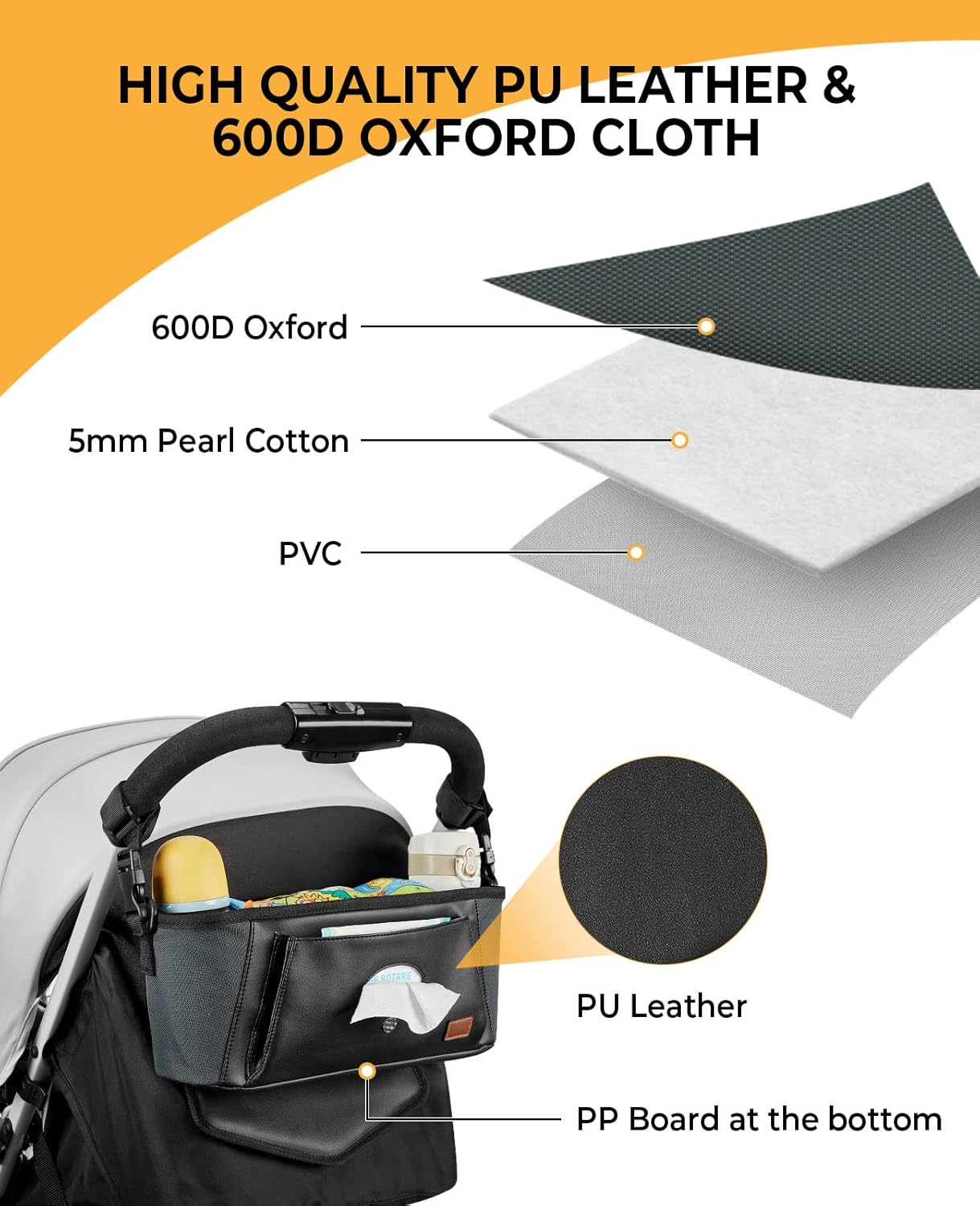 Wiicare Organizador universal para cochecito, bolsa de piel sintética con soporte para tazas aislado, bolsillo para pañuelos y correa de hombro