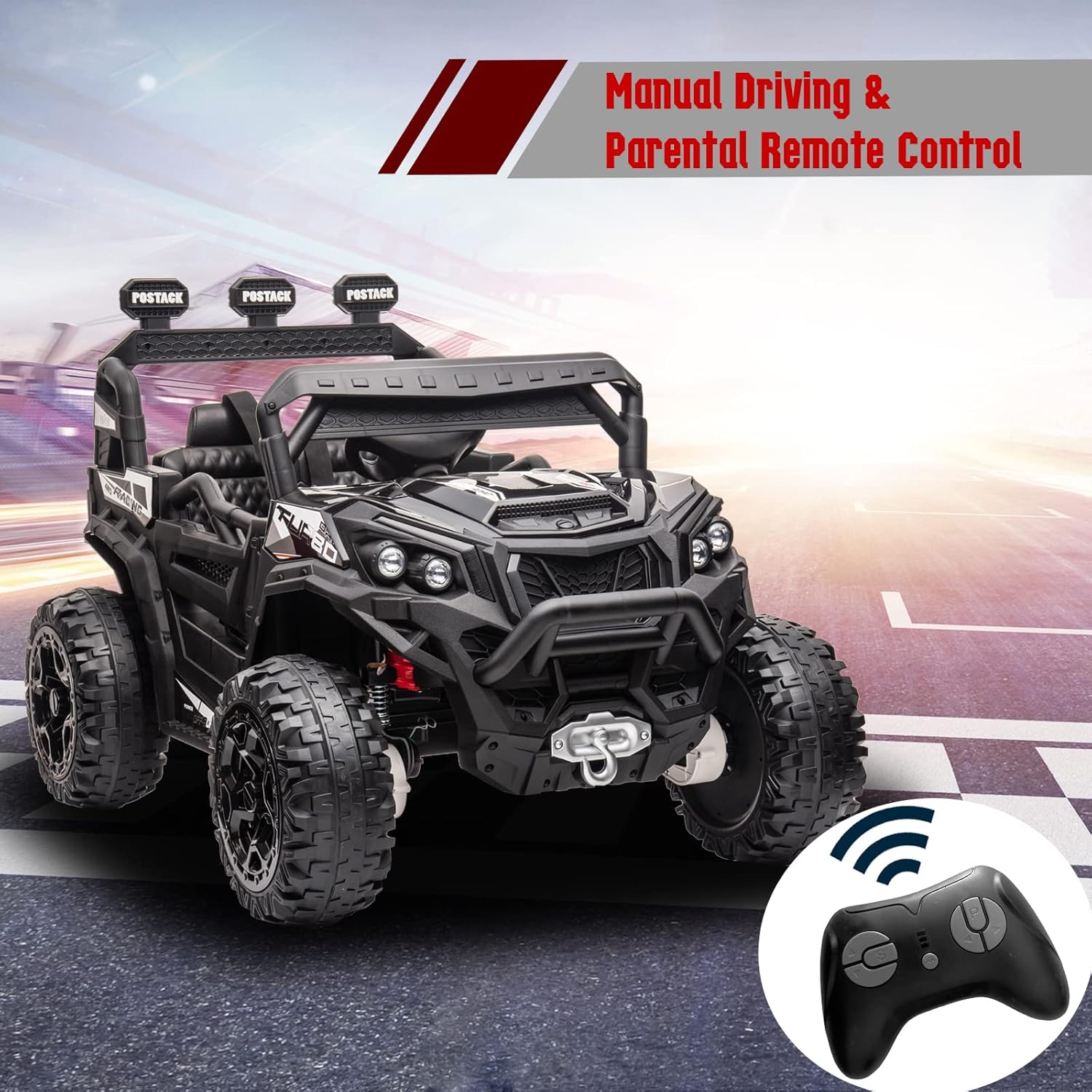 POSTACK 4X4 Ride-On UTV Buggy 24V Ride On Toy Car w 2.4G Remote Control Electric Ride On Off-Road Truck Car with Spring Suspension for Kids