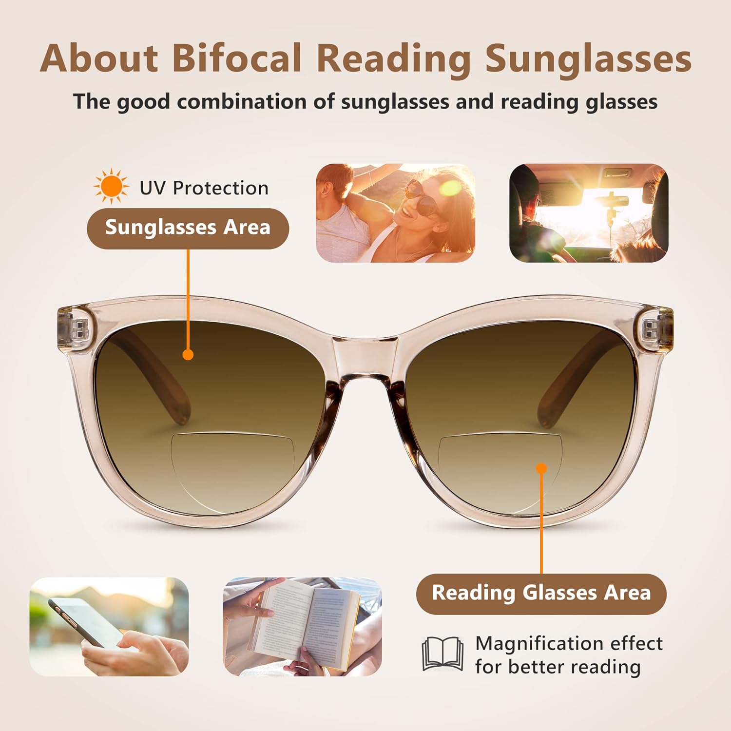 EASY READ Lentes de sol bifocales de lectura para mujer, a la moda, con protección UV400 (aumento 1.50, marrón)