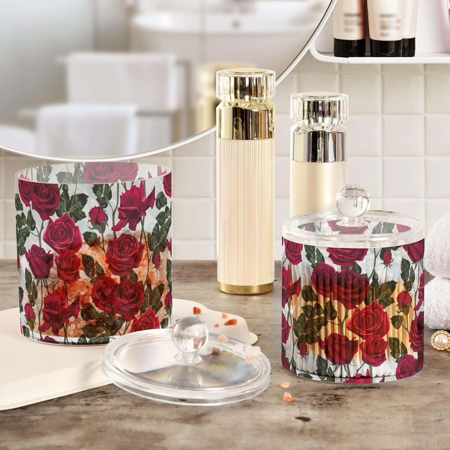 Roses Flowers Jars with Lids Plastic Jars Bathroom Containers Canister Jar Cotton Pad Holder for Dorm Room Essentials for College Students Girls