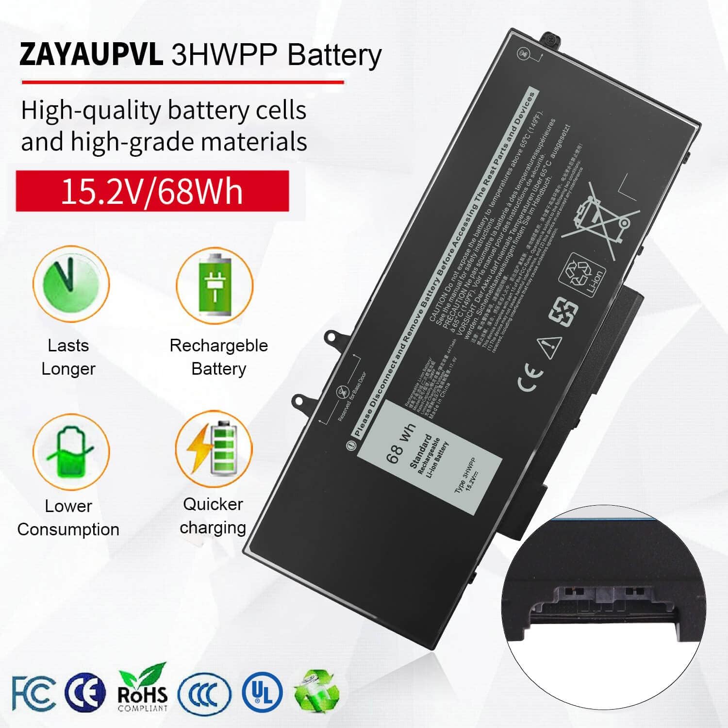 Reemplazo de batería de 68Wh 3HWPP 15.2V para Dell Inspiron 17 7500 7506 7706 2 en 1 Negro Latitude 5401 5410 5411 5501 5510 5511 E5401 E5410 E5510