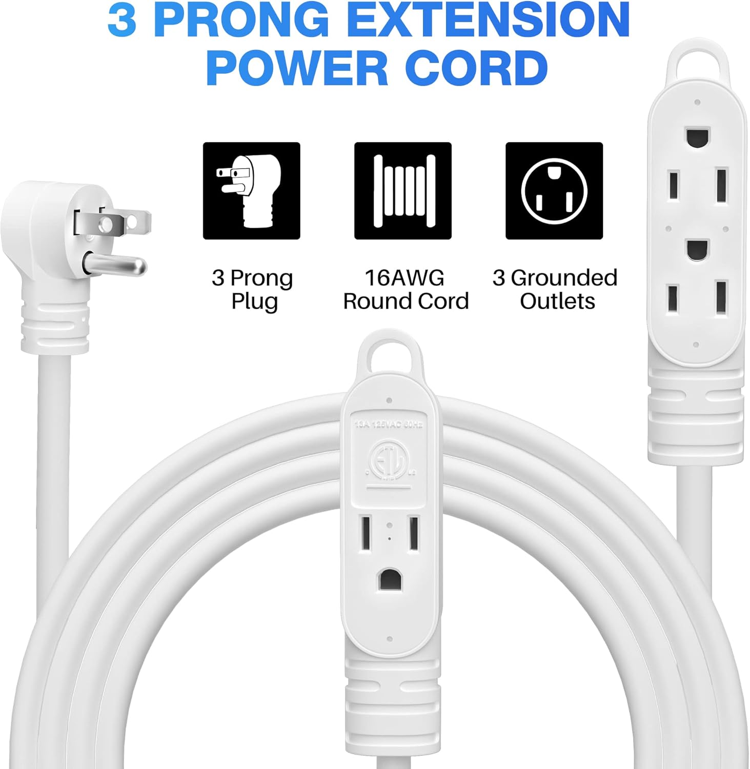 Cable de extensión de alimentación de 3 clavijas con múltiples tomacorrientes de 4 pies (paquete de 2), calibre 163, enchufe macho en ángulo de 90