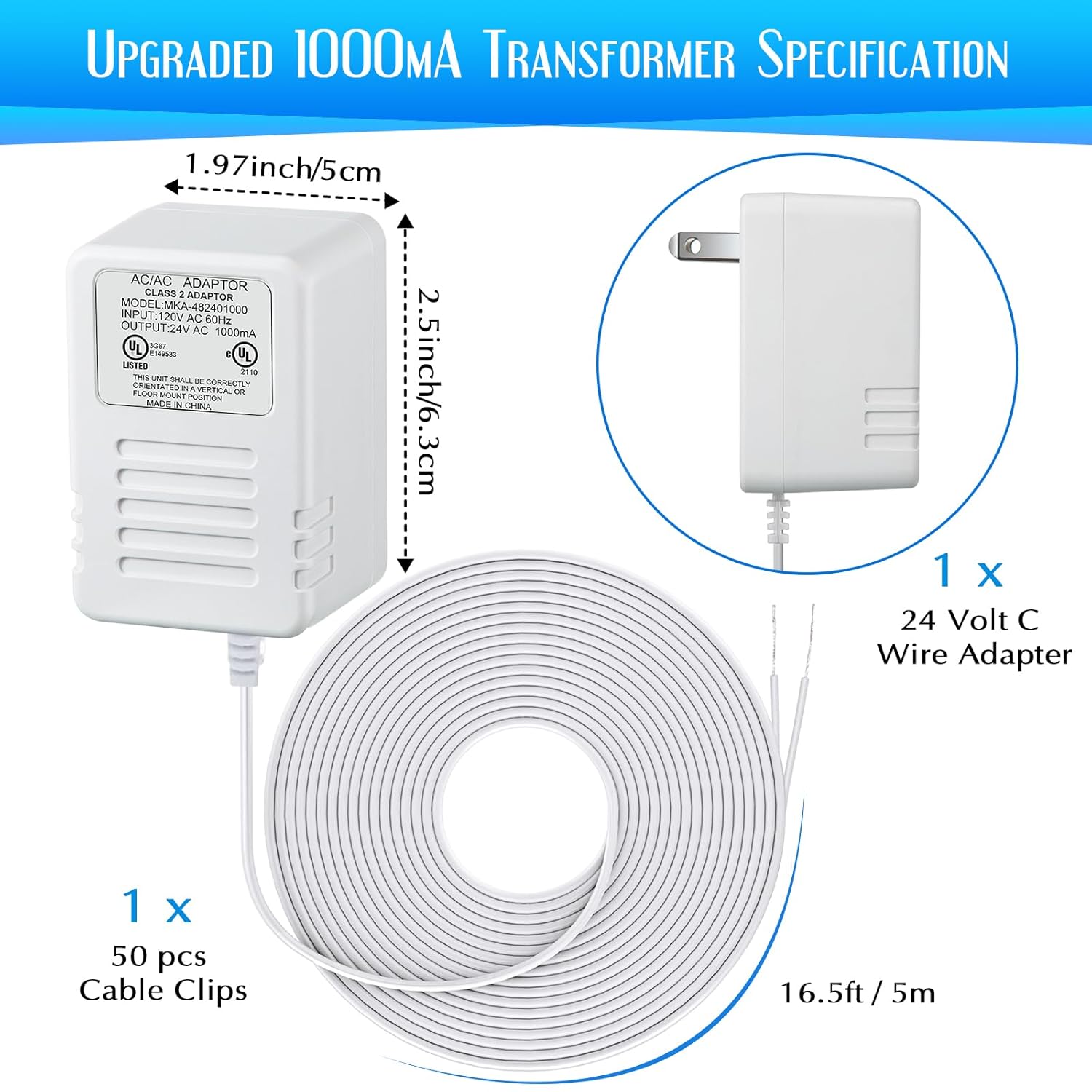 Saillong Transformador de 1000 mA de 24 voltios, adaptador de cable C de 16.5 pies de largo compatible con todas las versiones de timbre de timbre y