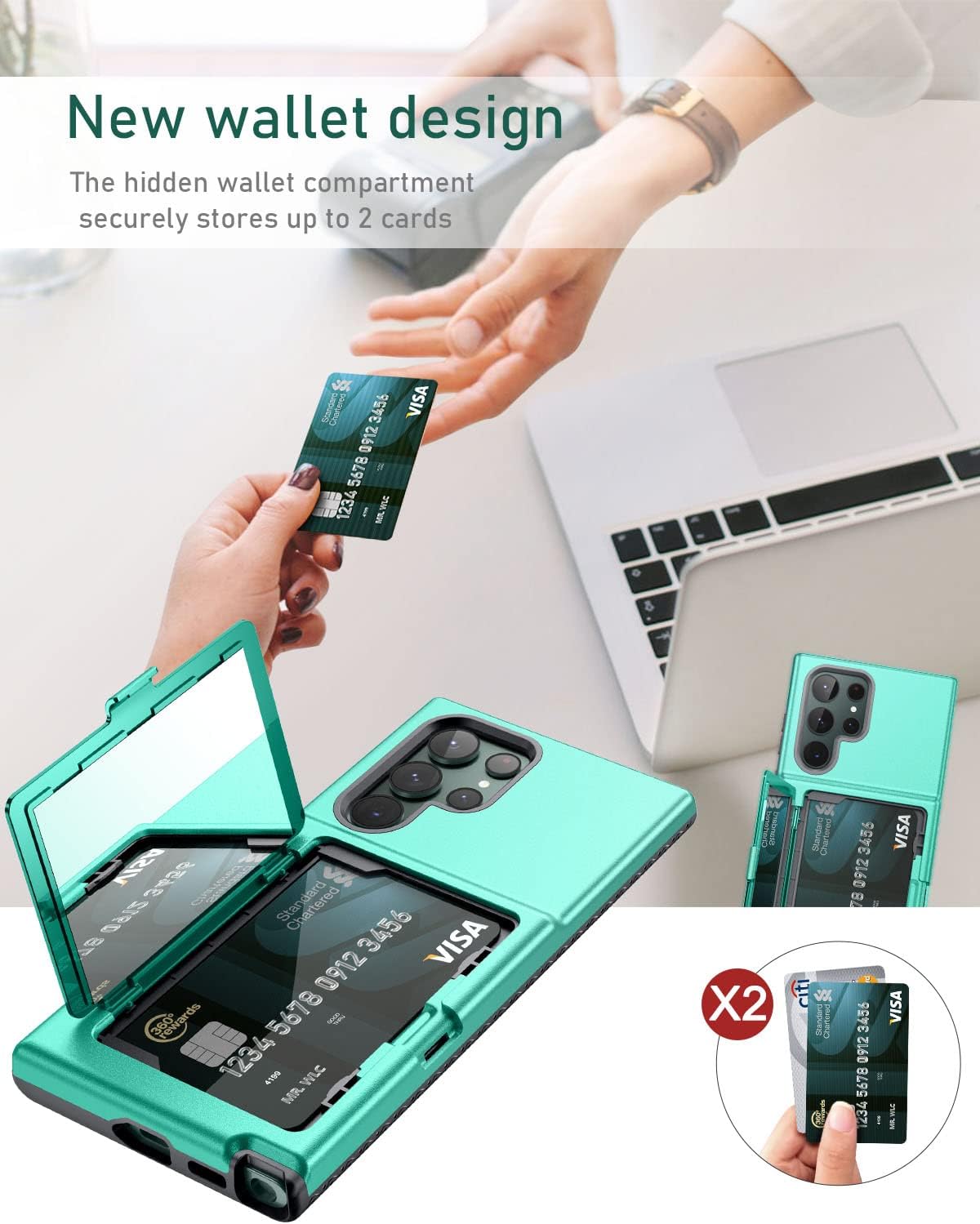WeLoveCase Funda para Samsung Galaxy S22 Ultra con tarjetero y espejo oculto, protección completa a prueba de golpes, diseñada para Samsung Galaxy