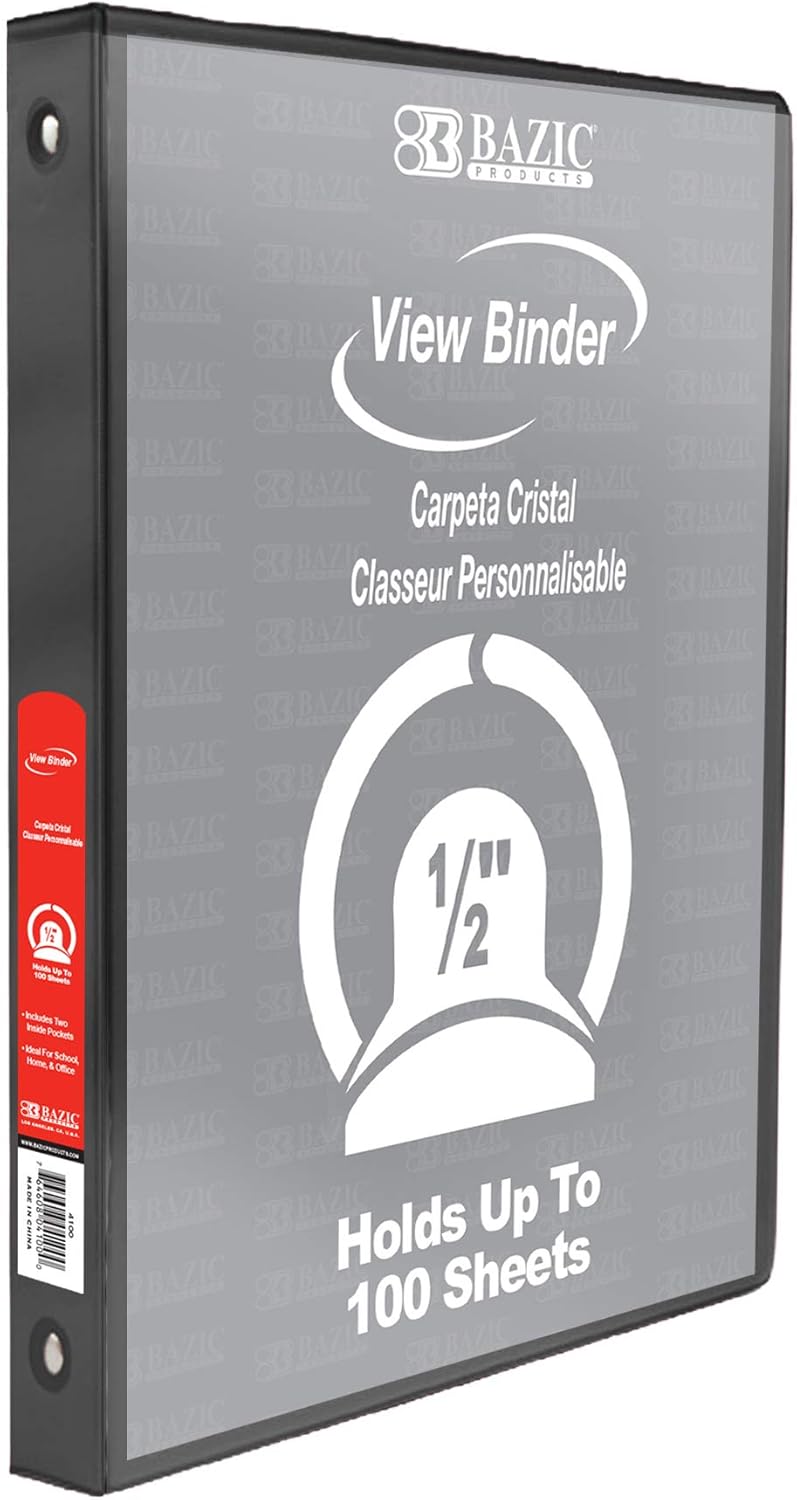 BAZIC – Carpeta organizadora de 3 anillas de 12 pulgada, color negro, anillo redondo, capacidad para 100 hojas de papel, para escuela, oficina,