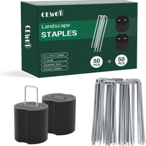 CEWOR Juego de grapas de paisaje, 50 estacas de calibre 11 de 6 pulgadas y 50 juntas, estacas de jardín galvanizadas y pines SOD, estacas de césped CEWOR Juego de grapas de paisaje, 50 estacas de calibre 11 de 6 pulgadas y 50 juntas, estacas de jardín galvanizadas y pines SOD, estacas de césped