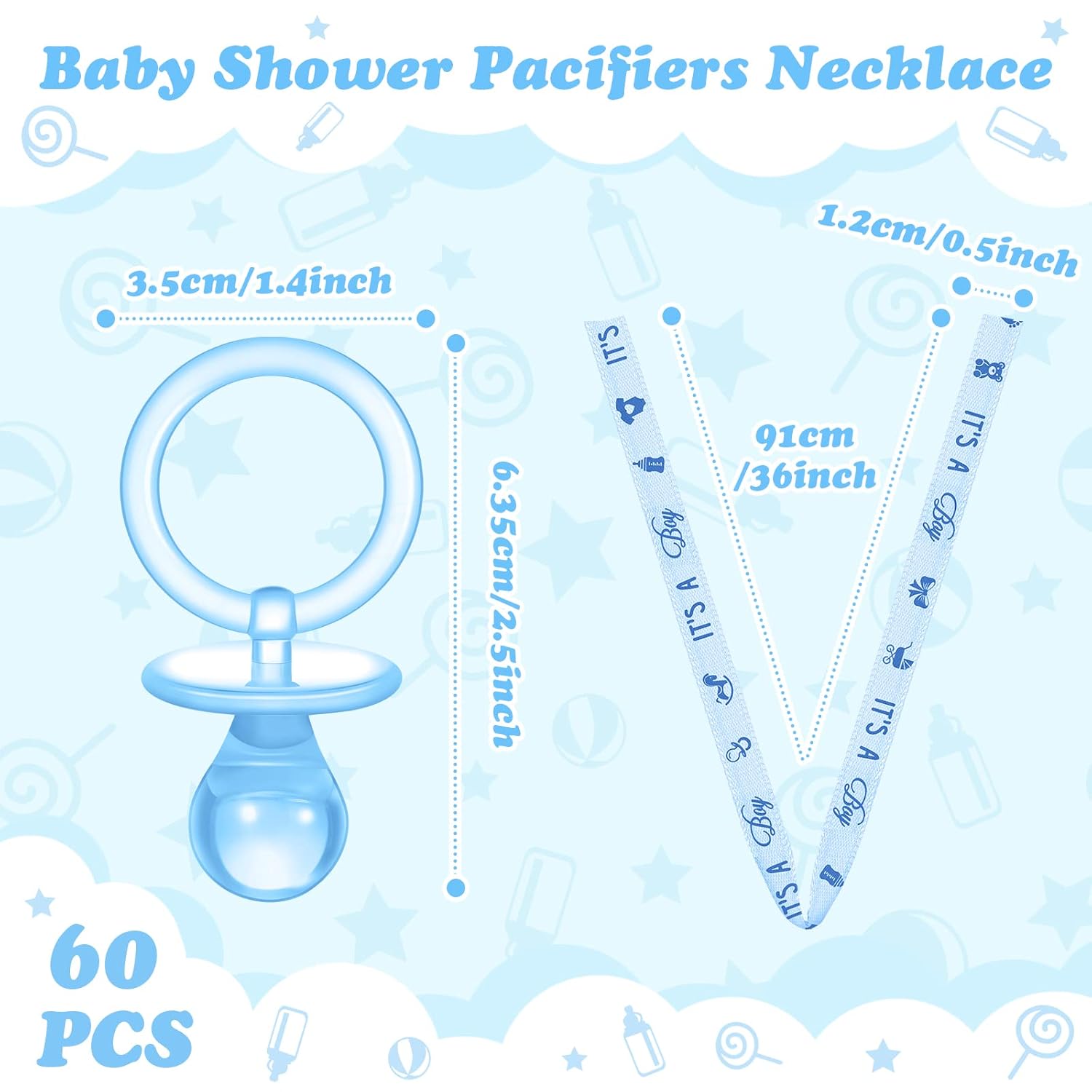 60 chupones de baby shower, collar acrílico para bebé, regalos de fiesta, chupetes con dije para niñas, niños, baby shower, decoración de fiesta,