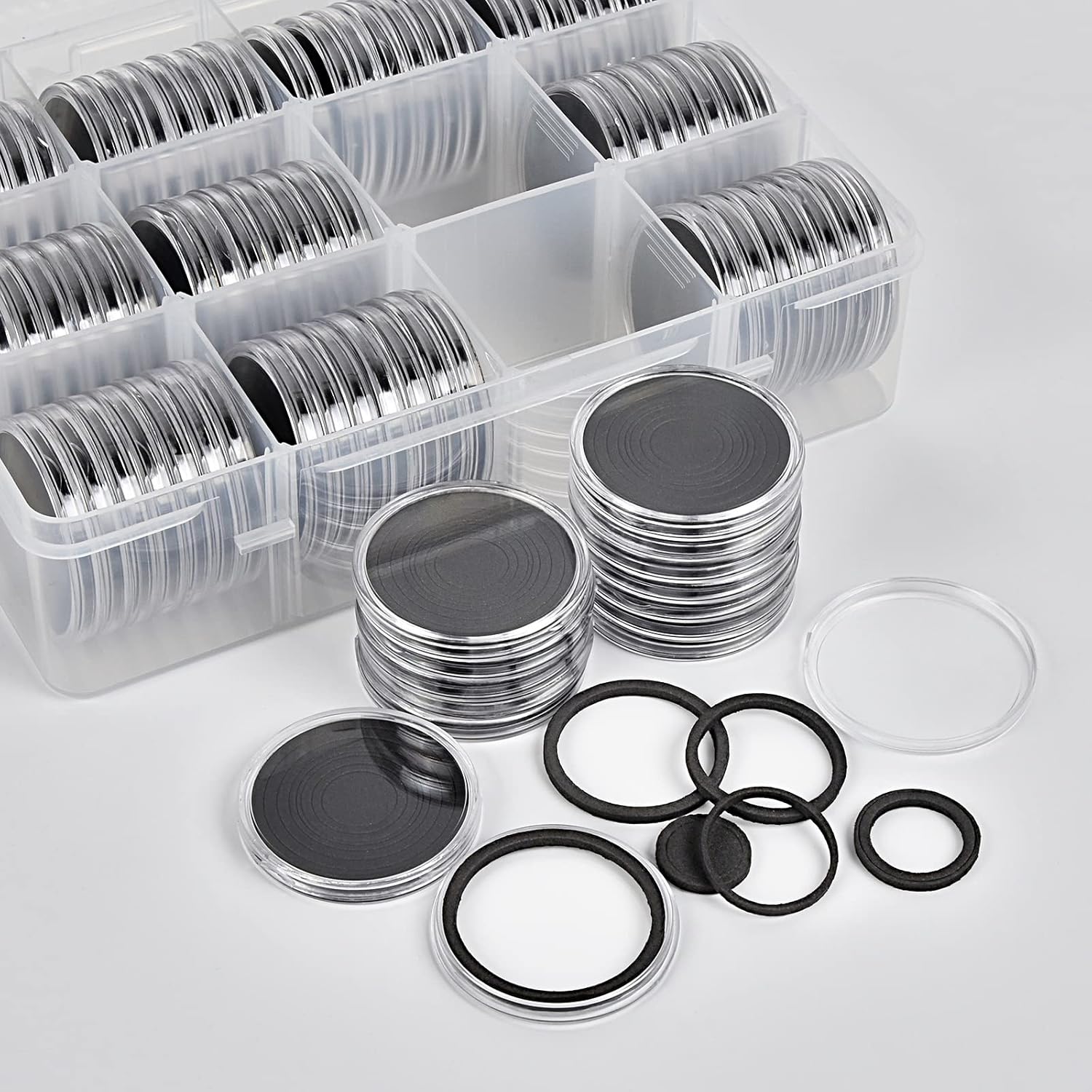 84 cápsulas de monedas de 1.811 in, con junta de espuma y caja organizadora de almacenamiento de plástico, estuche coleccionista de monedas para