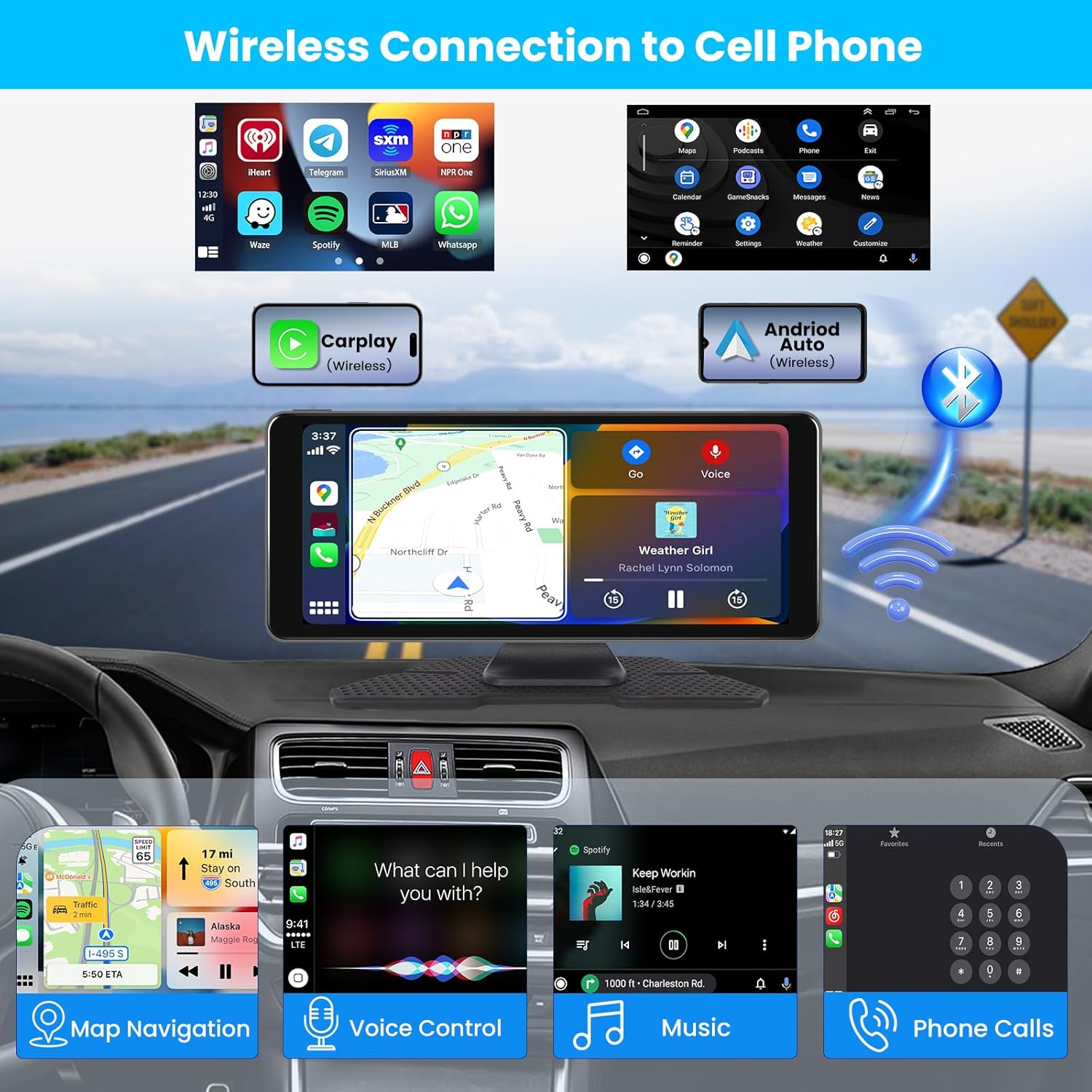Hikity – Radio portátil inalámbrica para automóvil Carplay 4K, cámara de tablero Hikity de 6.86 pulgadas, pantalla táctil para jugar con Android
