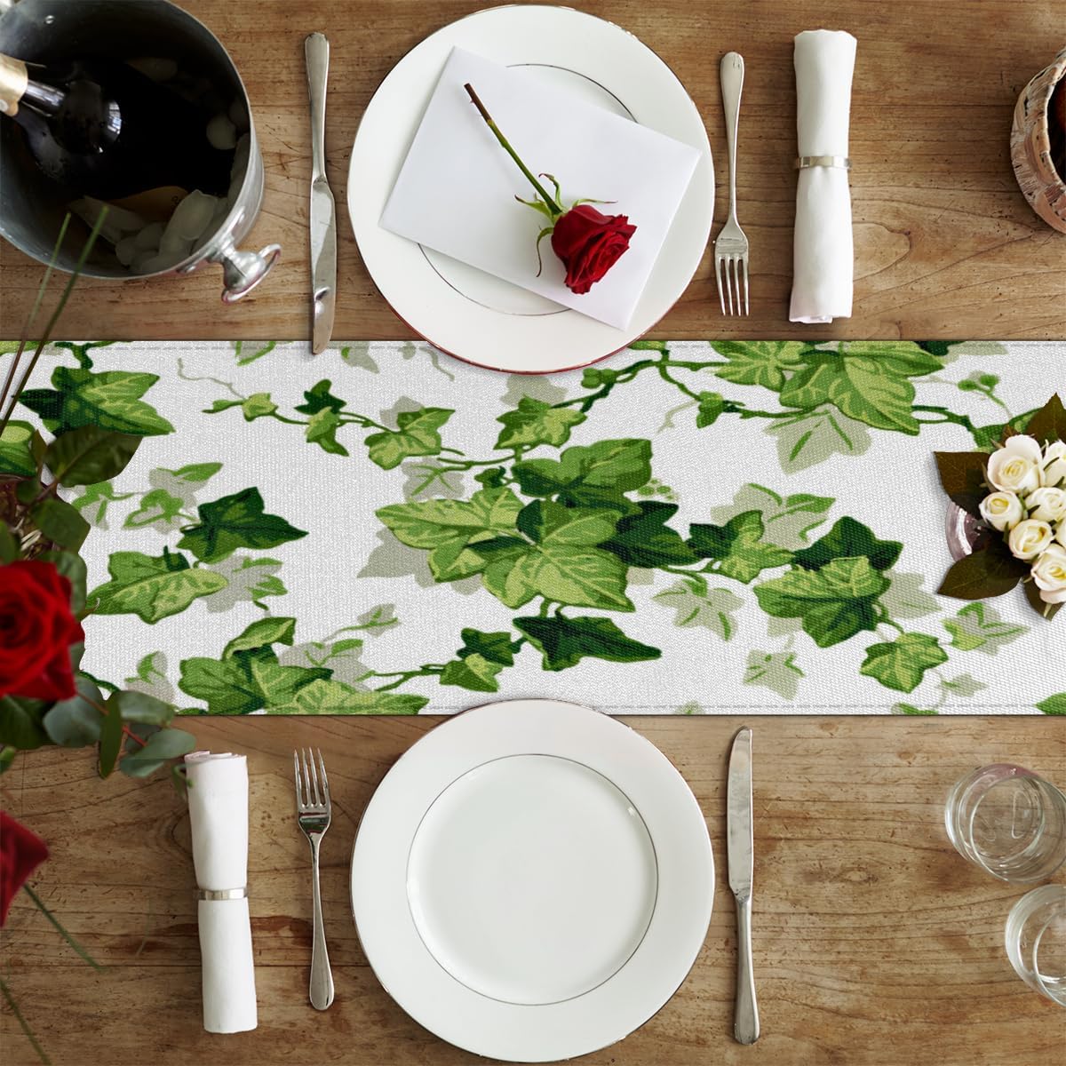 Camino de mesa de hojas de acuarela, mantel de lino rústico para cocina de granja, cena, eventos, fiesta, decoración de mesa de vacaciones, 13 x 120
