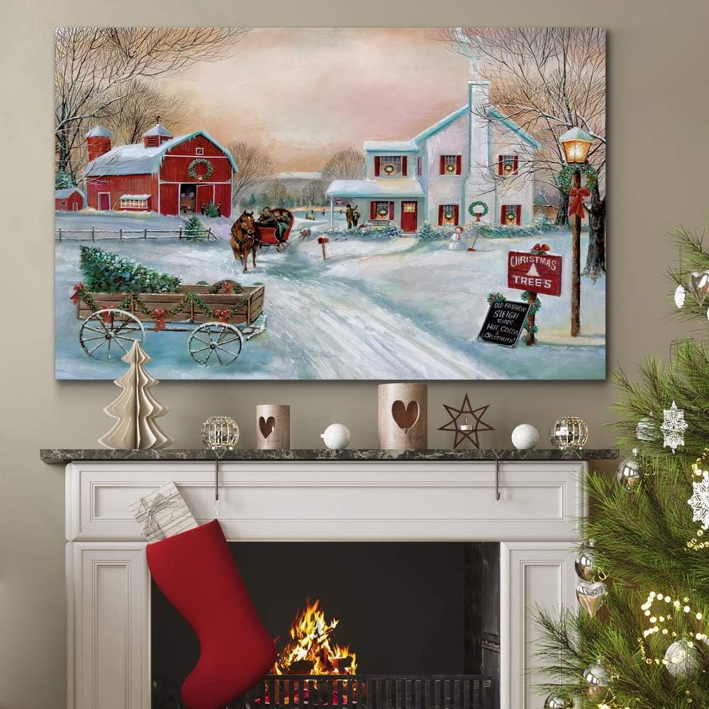 Renditions Gallery Arte de pared de granja de árbol de Navidad, escena de invierno campestre con granero rojo, decoraciones encantadoras, decoración
