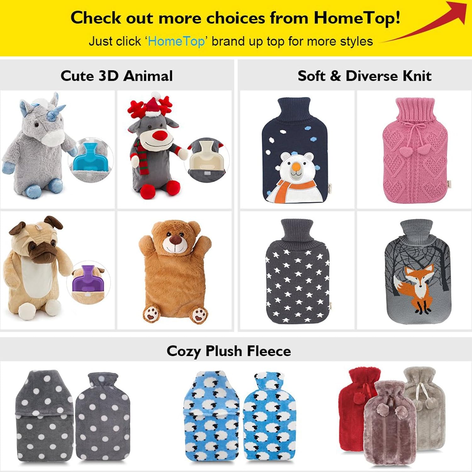 HomeTop Botella de agua caliente de goma clásica de alta calidad y lujosa funda de forro polar de felpa de piel sintética con decoración de pompones