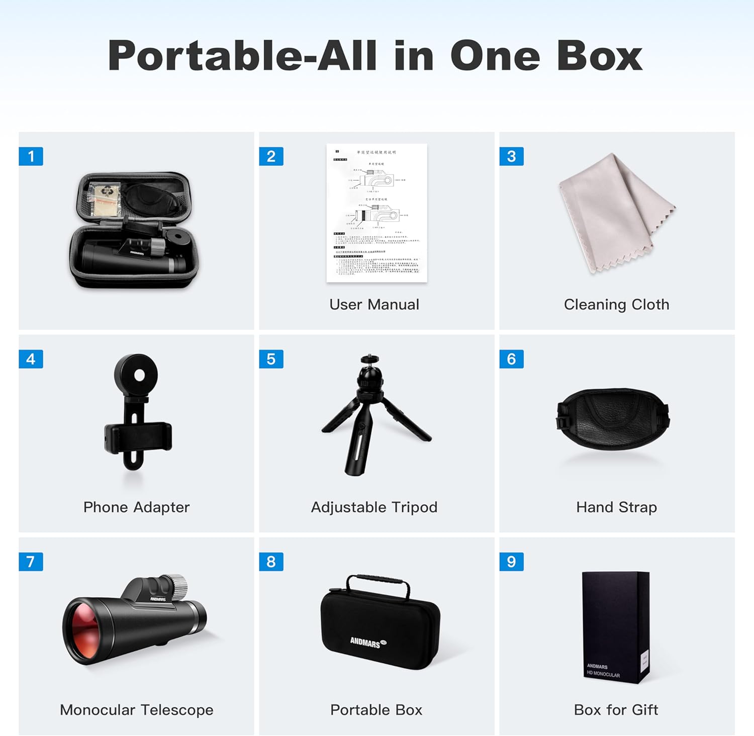 Nuevo monocular Andmars de 12 x 56 ED de alta potencia para adultos. Telescopio impermeable con caja, adaptador de teléfono y trípode. Revestimiento