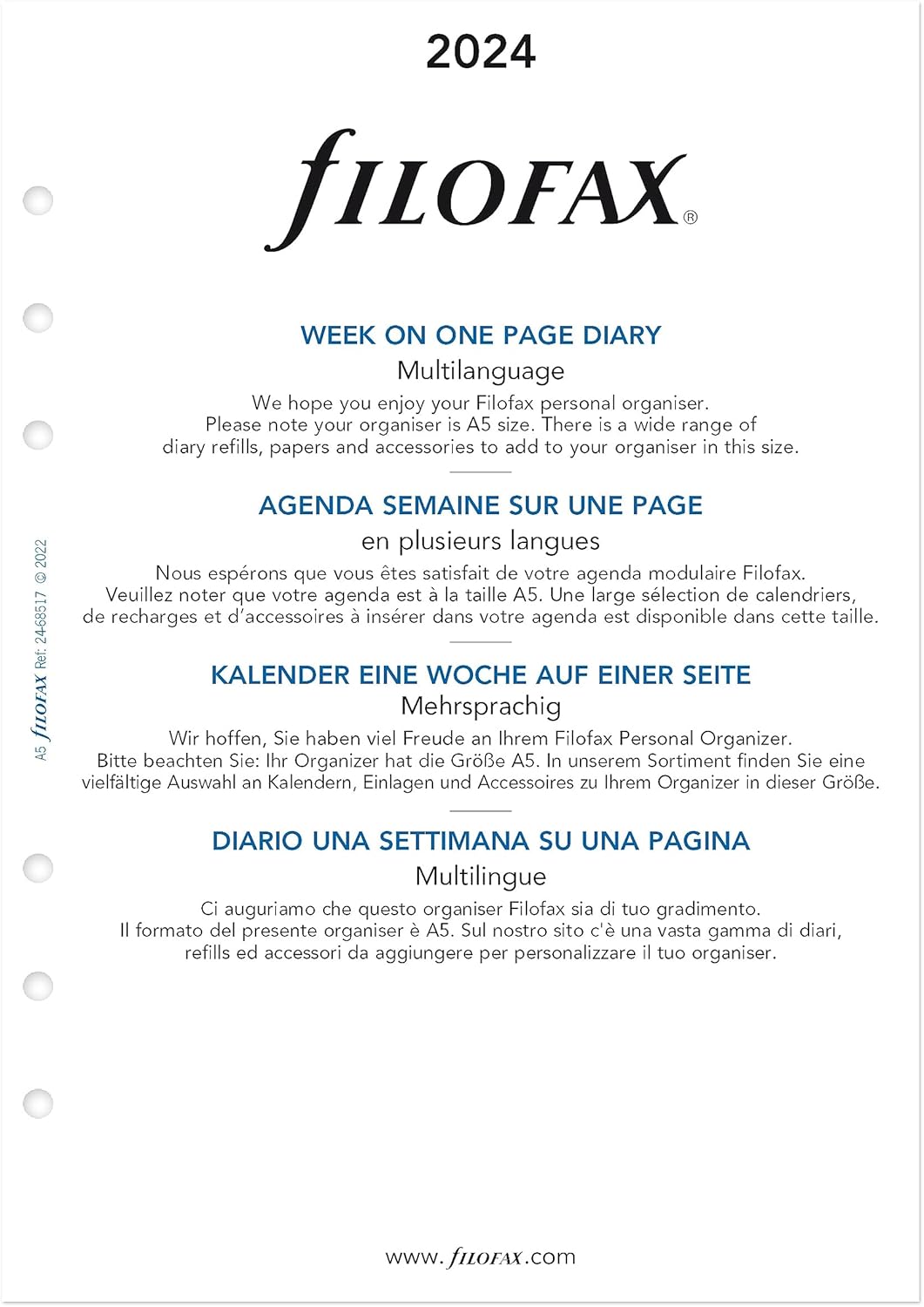Filofax Recambio de diario para calendario, tamaño A5, semana en una página, libro blanco, sin rayas, multilingüe cuatro idiomas, 2024 (C68517-24)