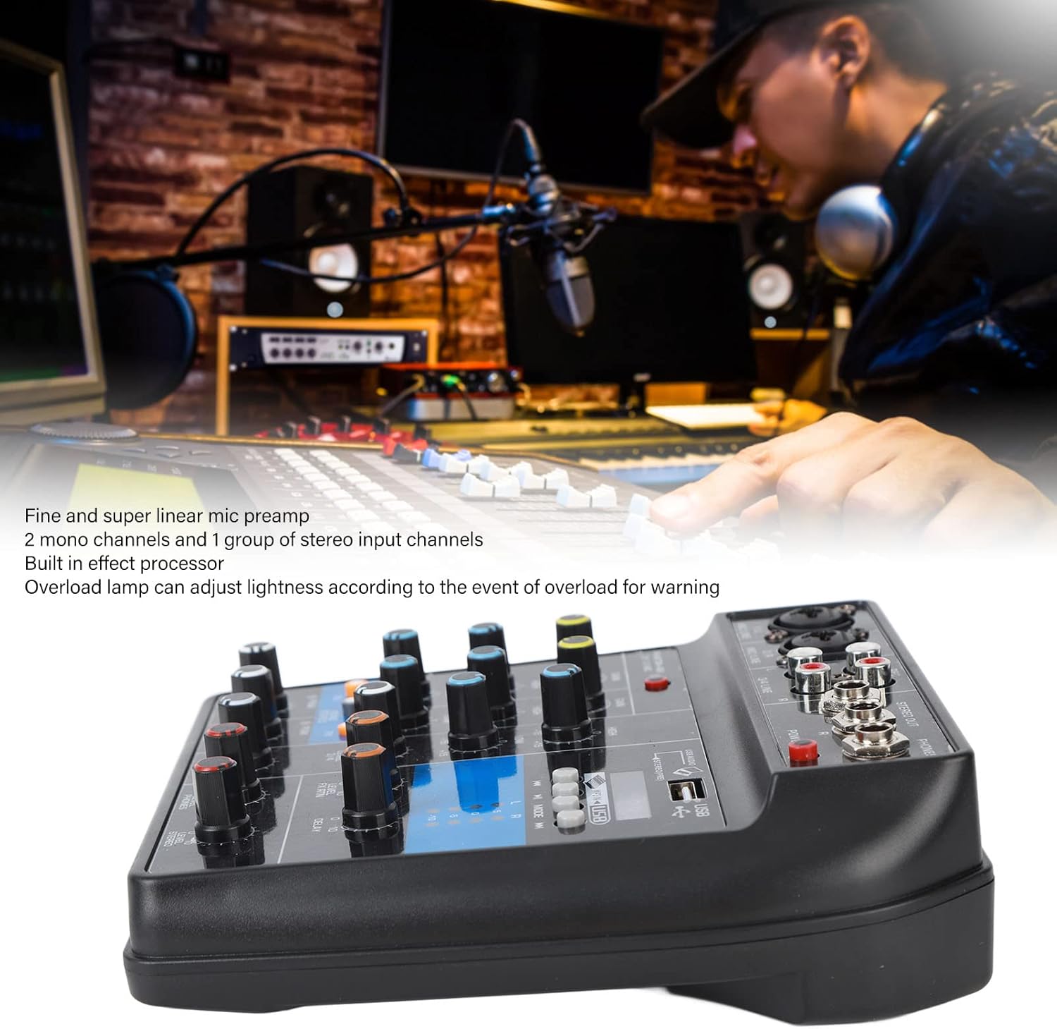 Mezclador de audio Consola mezcladora de DJ de 4 canales profesional con interfaz USB y equipo de escenario de efectos integrados (enchufe de EE.