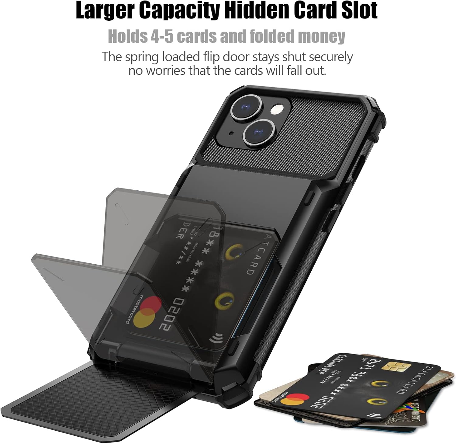 Nvollnoe Funda compatible con iPhone 15 con tarjetero almacena 5 tarjetas Funda de doble capa resistente a prueba de golpes con ranura oculta para
