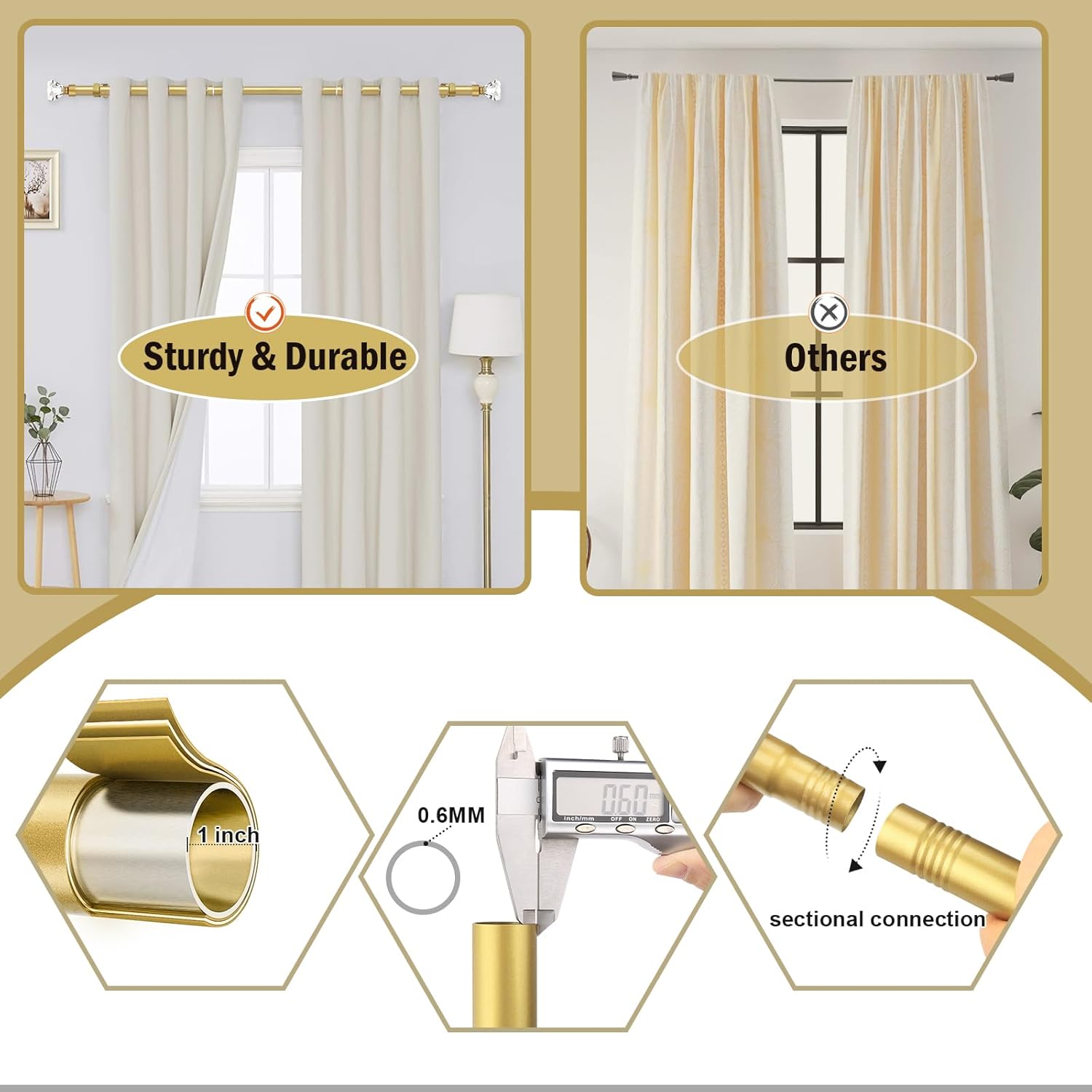 Orger Barras de cortina de diamante para ventanas de 30 a 68 pulgadas, barras de cortina doradas con remates de diamante de cristal, barra de