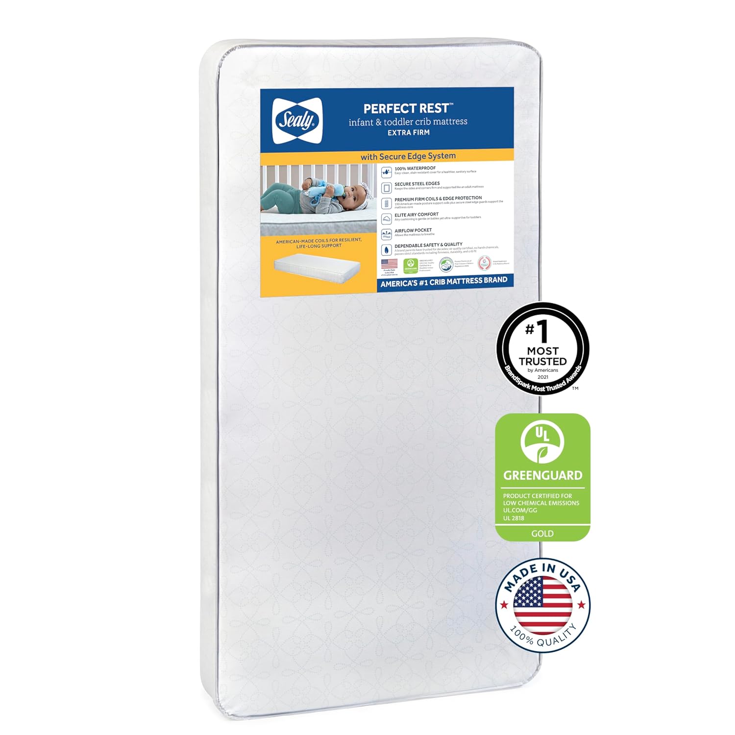 Paquete de colchón SEALY EverLite transpirable para cuna, SEALY SecureStay, paquete de 2 unidades, impermeable, ajustable, para cama infantil y cuna