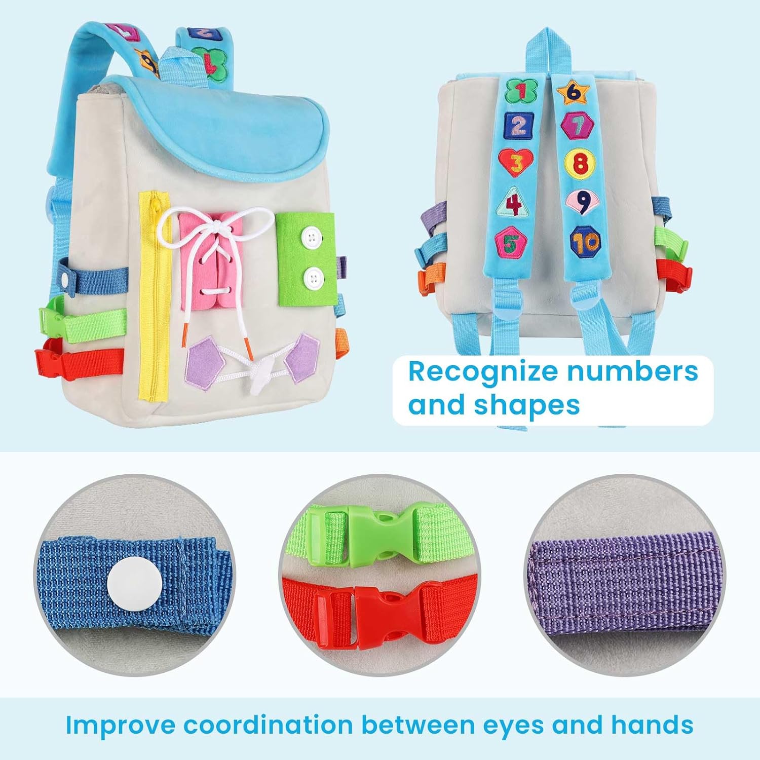 Busy Board – Mochila para niños pequeños con hebillas y juguetes de actividades de aprendizaje, desarrolla habilidades motoras finas y habilidades