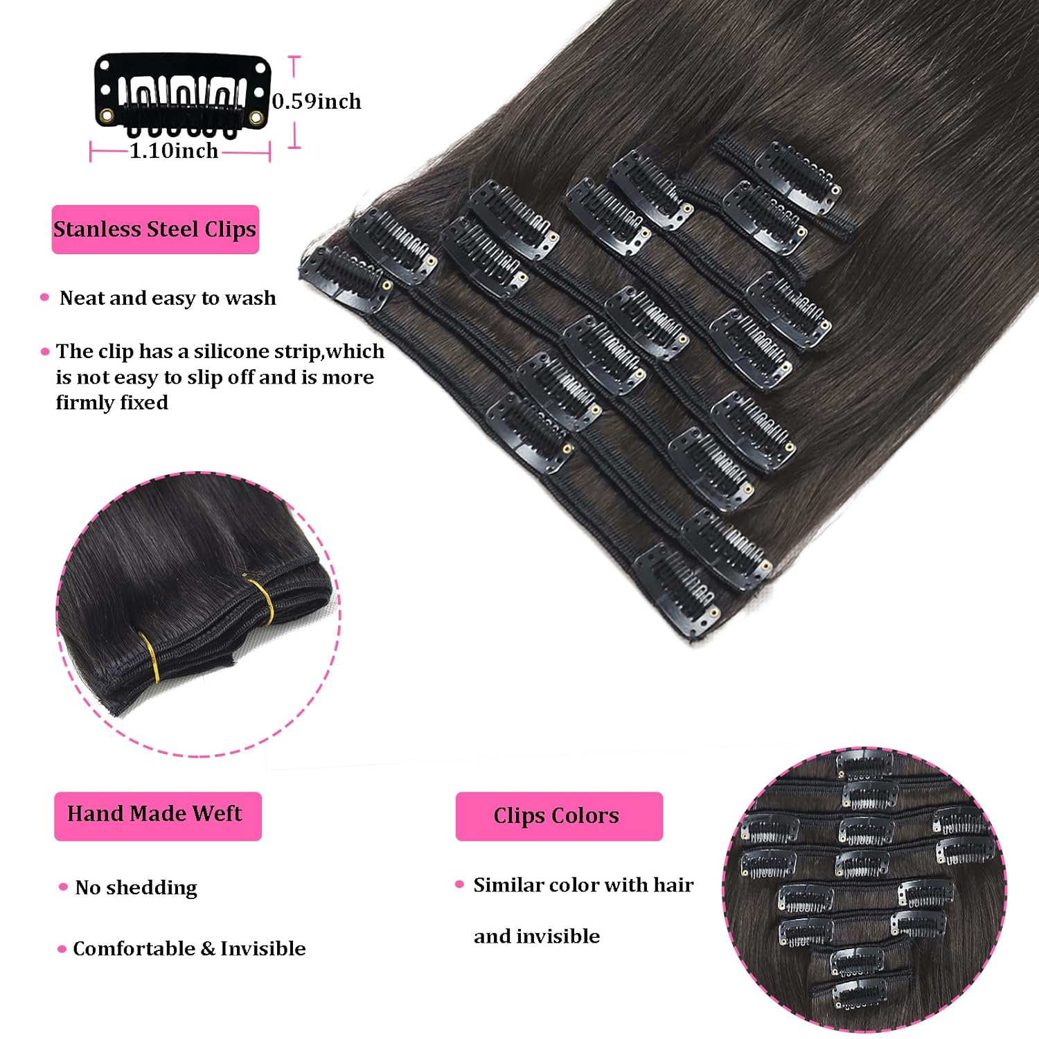 Extensiones de cabello humano con pinzas, 100% Remy, 8 piezas por juego, con 18 clips, extensiones de cabello lacio color negro natural, doble