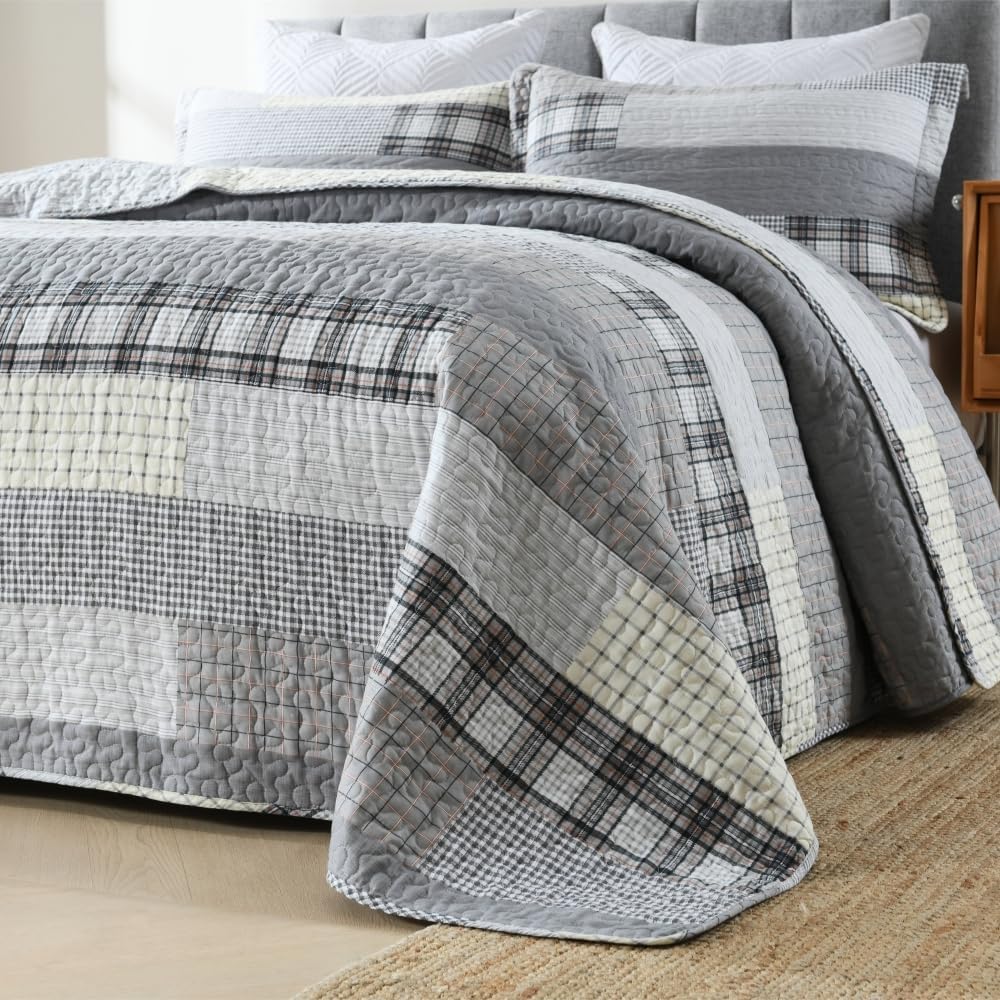 Juego de edredón de tamaño Queen, juego de ropa de cama de retazos 100% algodón, colcha a cuadros tamaño queen, juego de edredón ligero y
