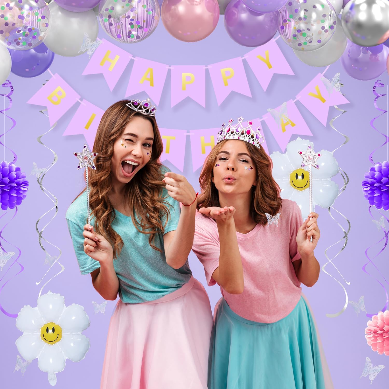 Decoraciones de cumpleaños rosa y morado para niñas, decoraciones de fiesta de feliz cumpleaños para mujeres, cortina de flecos morados, pancarta de