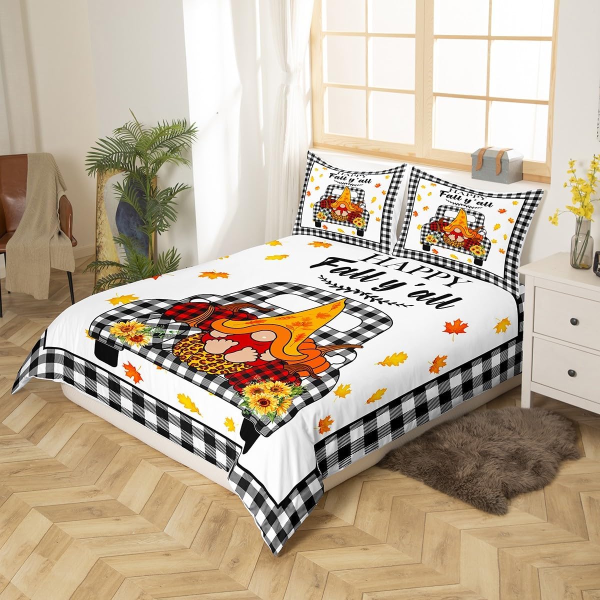 Manfei Juego de funda de edredón de gnomo de otoño, tamaño King, funda de edredón de calabaza a cuadros de leopardo con 2 fundas de almohada, juego